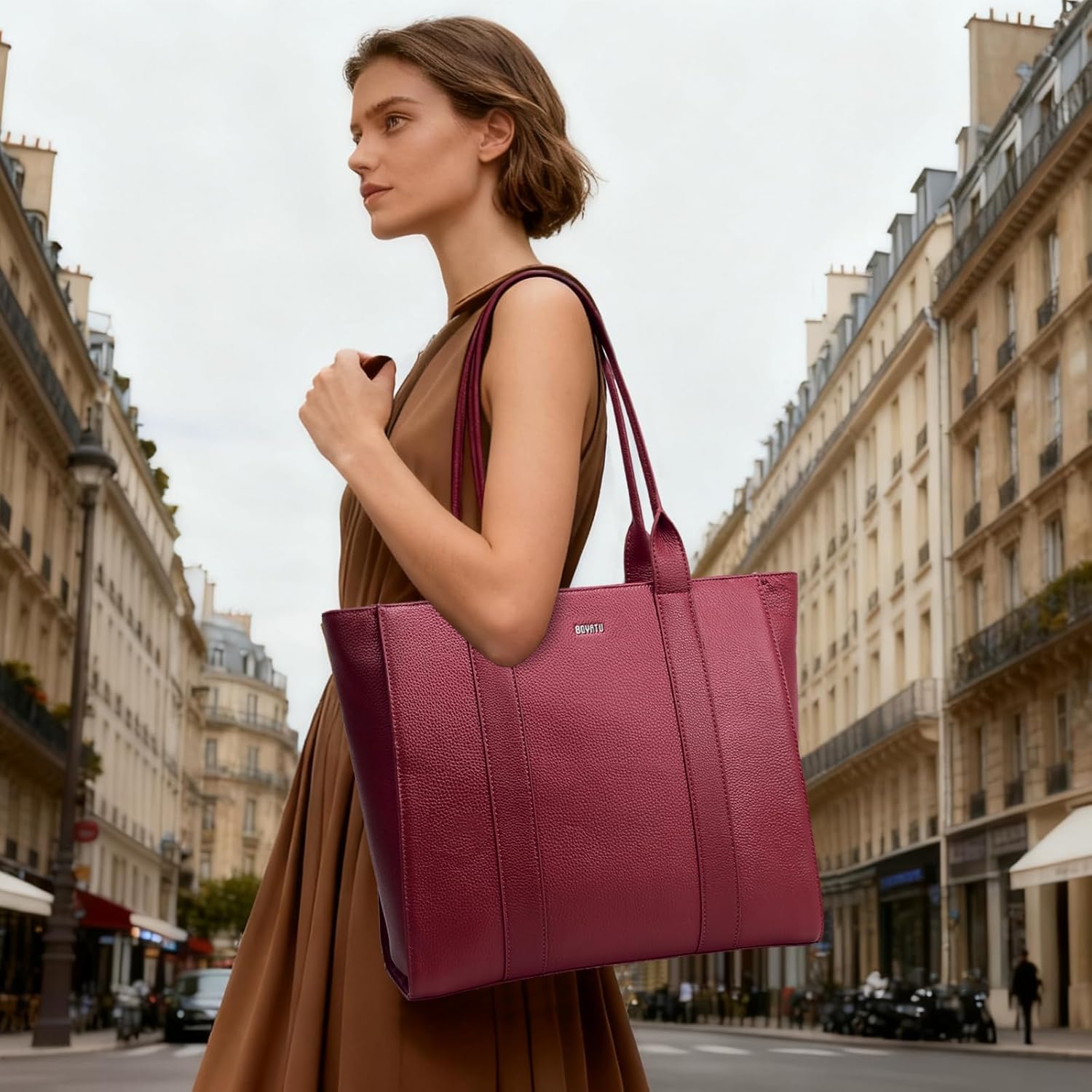 Leather Work Tote for Women, Full-Grain Leather, Structured Business Tote, Padded 15.6” Laptop, Minimalist - Pro Look | Polished First Look, No Slouch, Stands - Image 3