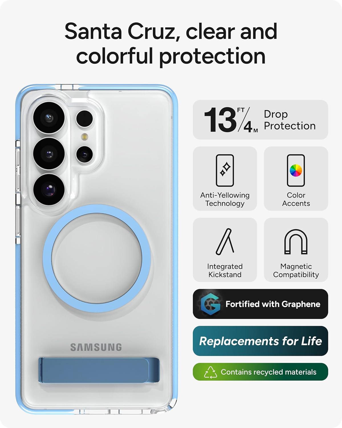 ZAGG Santa Cruz Snap Samsung Galaxy S26 Ultra Case with Kickstand - ICY Blue, Magnetic Crystal Clear Protective Phone Cover, 13ft Drop Protection, Graphene Reinforced, Slim Case with Stand
