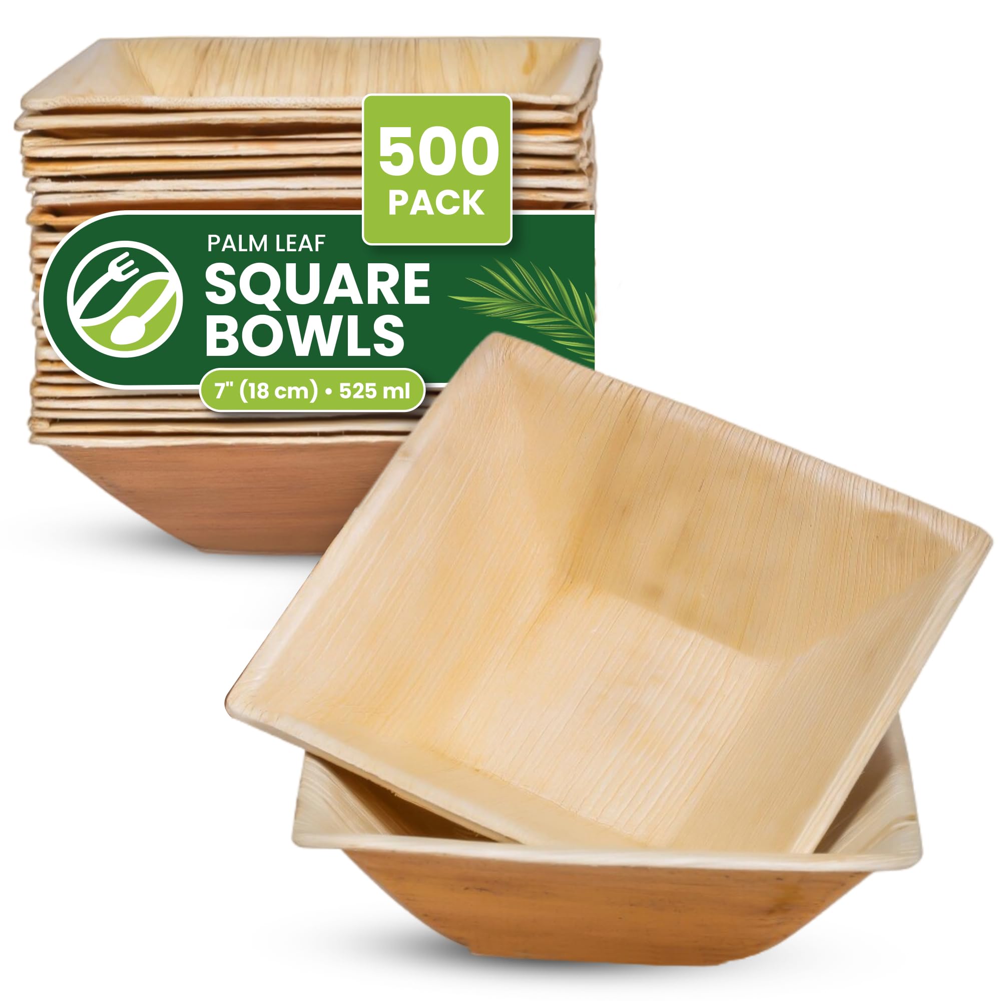 ECO Leaf 500 Disposable Palm Leaf Bowls | 7”(18cm) Square Compostable Dinner Bowls | Eco-Friendly, Biodegradable Heavy-Duty Bowl for Wedding, Party and Picnic | Microwave & Oven Safe, Pack of 500 — image 1
