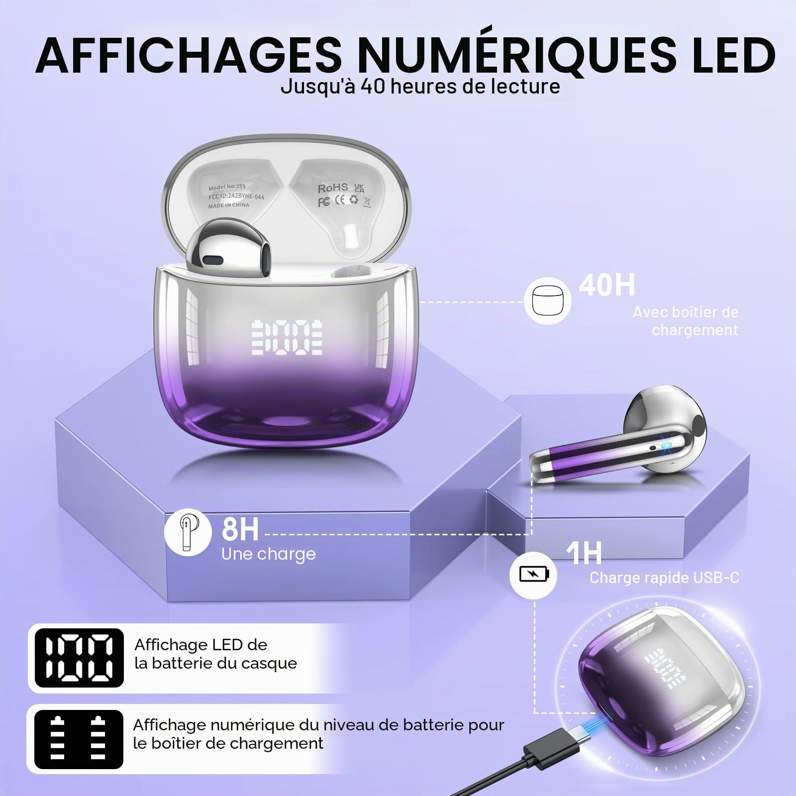 Ecouteurs Bluetooth Sans fil, Écouteurs Bluetooth 5.4, Oreillette Bluetooth HiFi Stéréo avec 4 ENC Mic, Casque Bluetooth Sans fil avec Écran LED, 40H, Étanche IP7 Écouteur, Contrôle Tactile, Violet