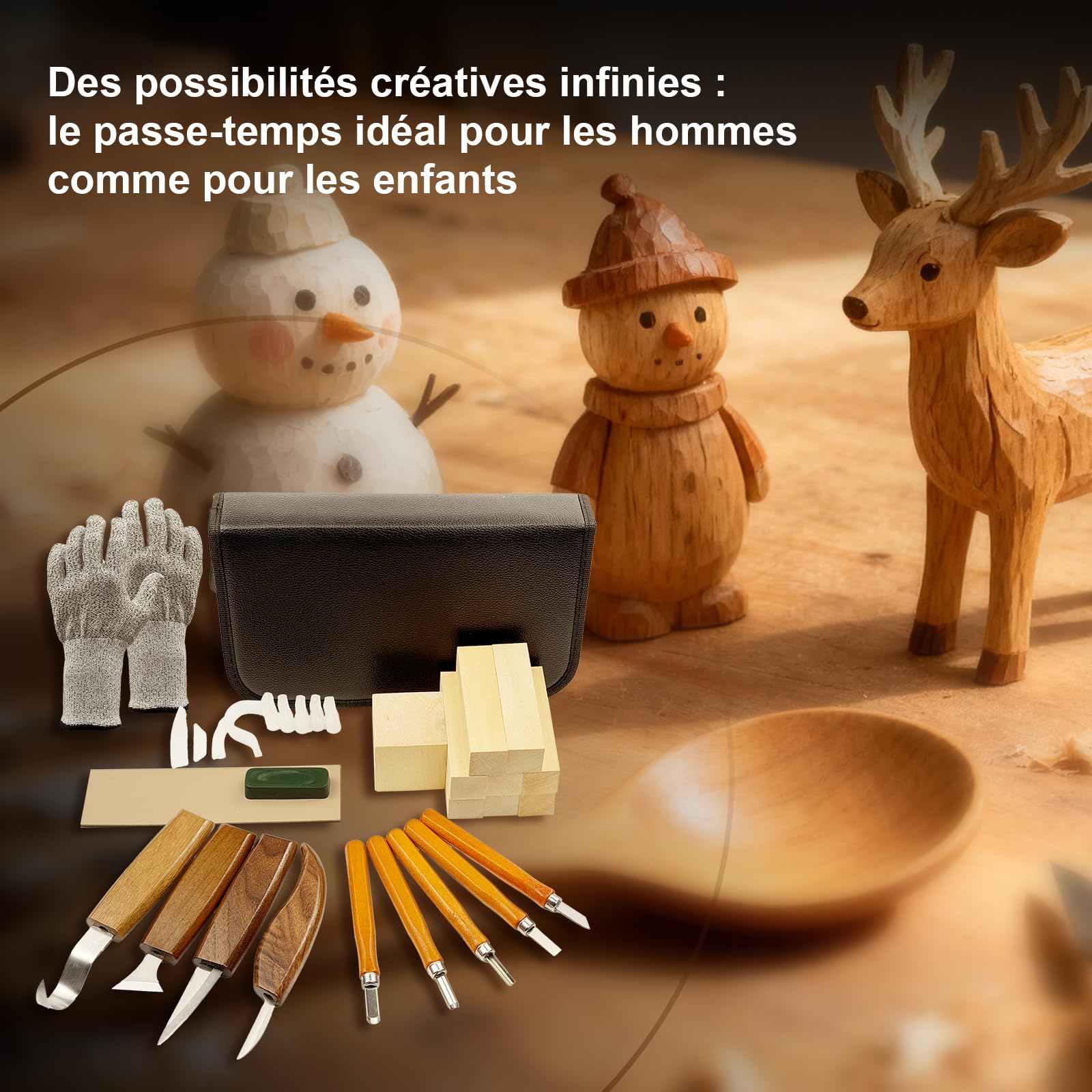 Kit de Sculpture sur Bois avec 23 Pièces de Sculpture pour Adultes Couteaux à Sculpter Professionnels pour Figurines en Bois, Figurines D'animaux, Décorations et Travaux Artistiques