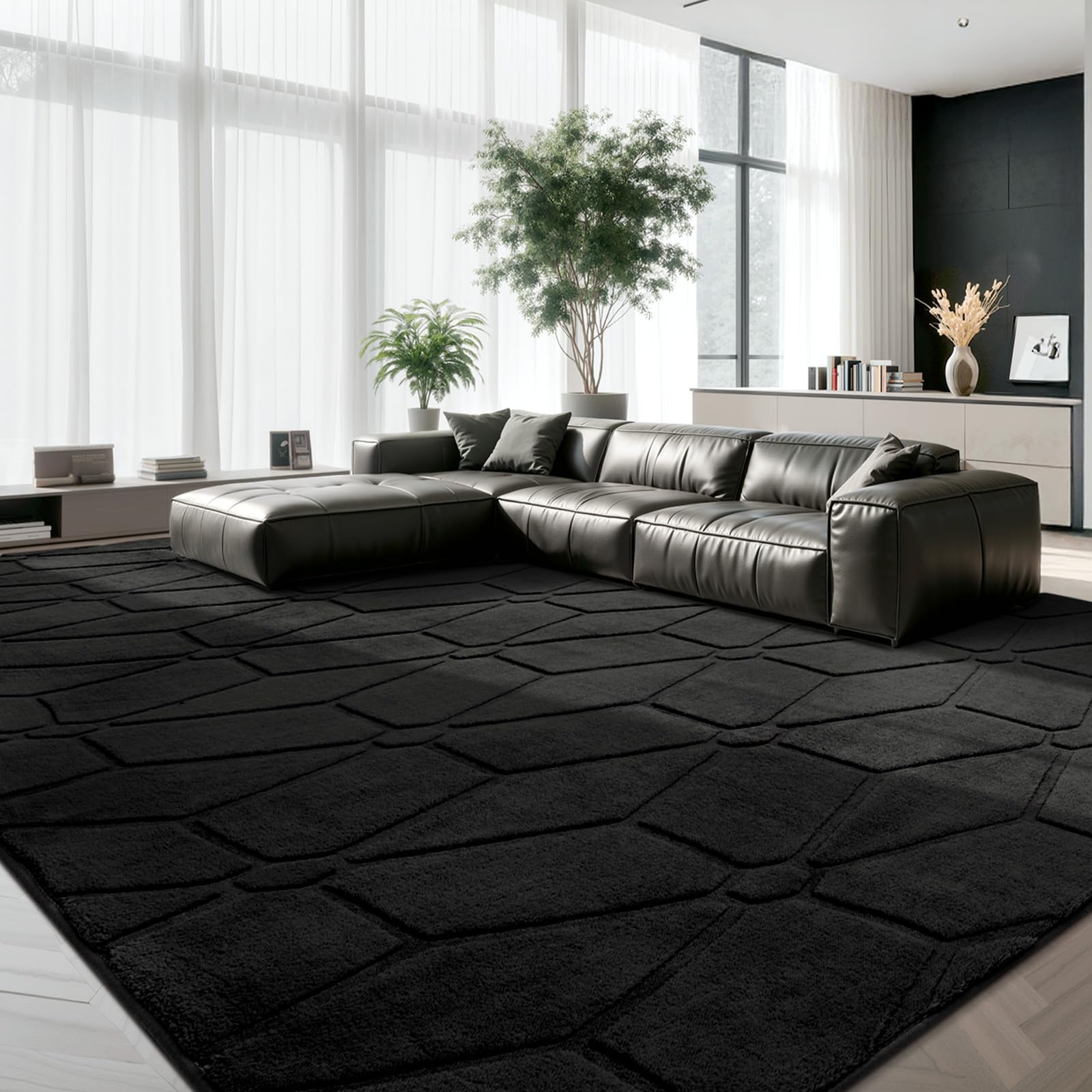 Untimaty Large Rugs Living Room Black Short Pile Fluffy Washable Rugs