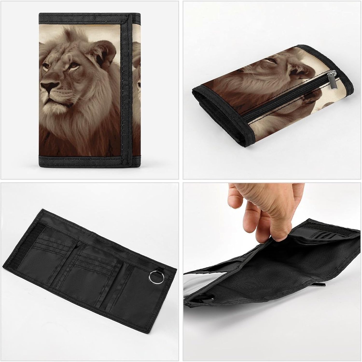 Trifold Canvas Wallet with Keychain, Modern Fashion Credit Card Holder Wallet for Men Women, African Lion And Lioness Slim Wallets W/Zipper Coin Pocket, Novelty Birthday Gift