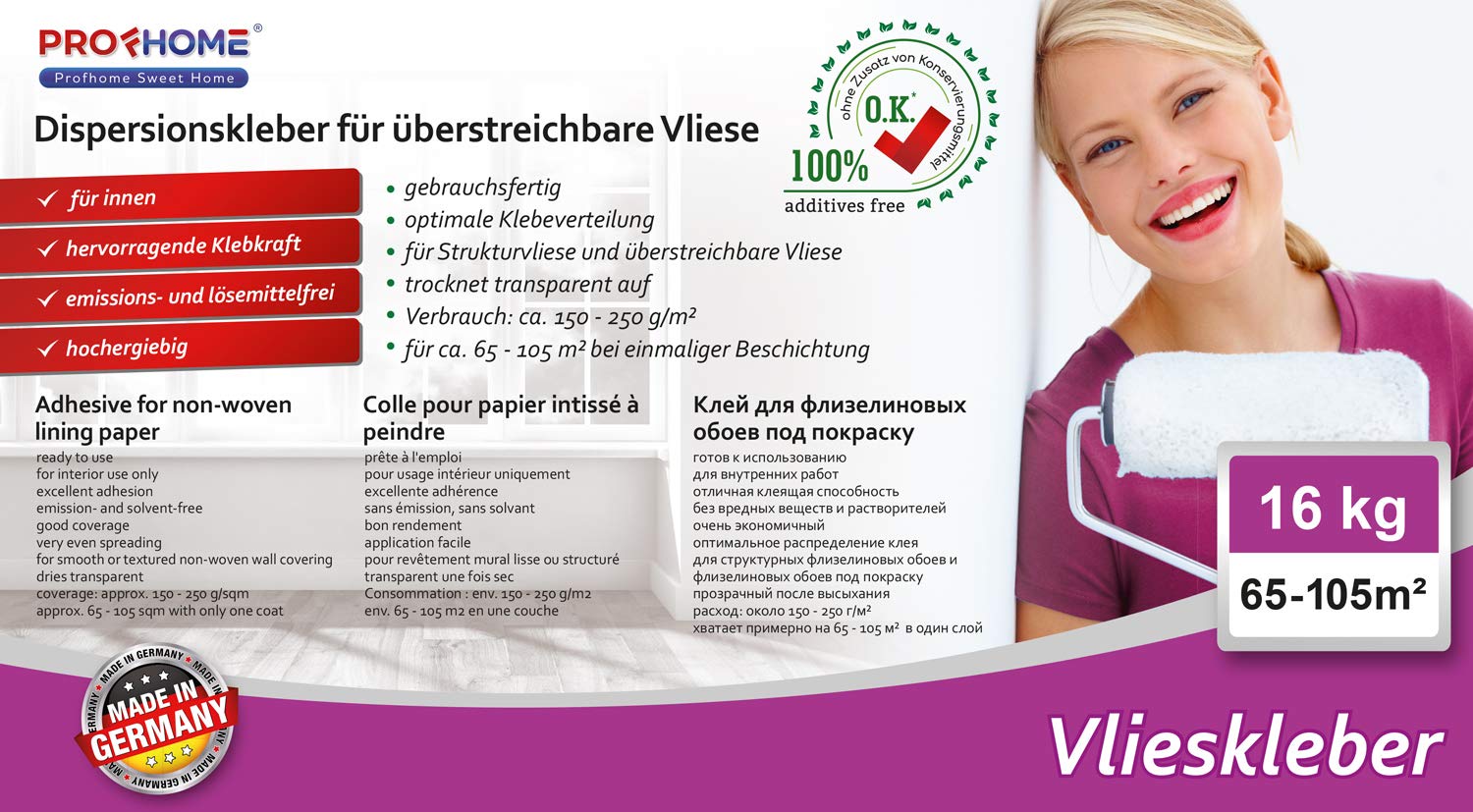 Profhome Vlieskleber 16 kg – Gebrauchsfertiger Dispersionskleber für Malervlies & Renoviervlies – Transparent auftrocknend, konservierungsmittelfrei – Fertigkleber für bis zu 105 m²