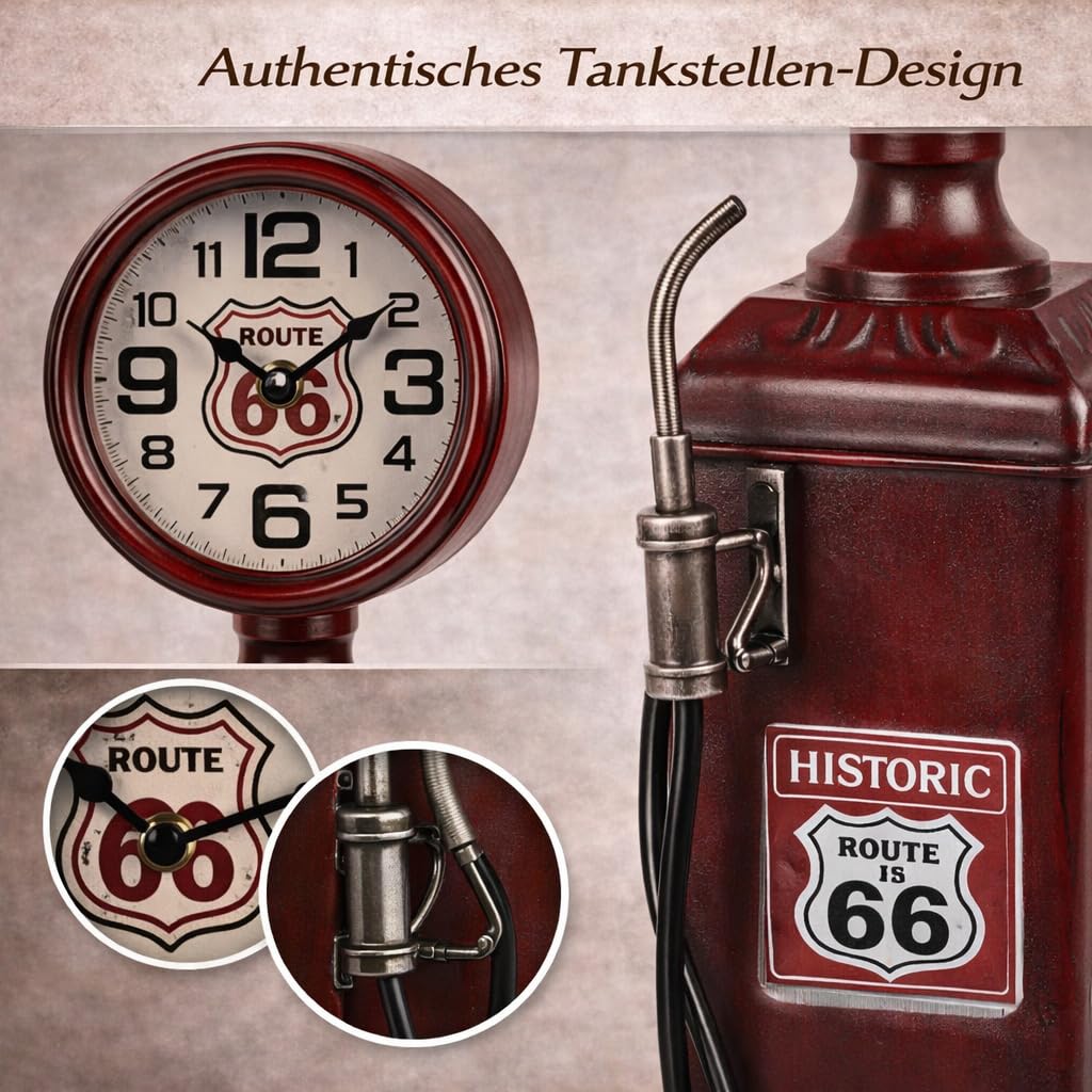 formano Metall Standuhr Tankstelle Retro Tischuhr 40 cm im Route 66 Design Quarz Laufwerk 1x AA Batterie, Vintage Deko Uhr für Wohnzimmer, Büro & Regal im Industrial Stil
