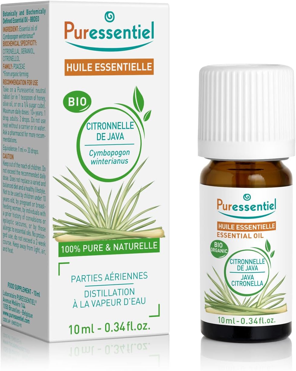 Organic Java Citronella Essential Oil - for Use in Essential Oil Diffusers - Fresh Lemony, Peppery Fragrance - Soothes Sore Throat - Relieves Itching Due to Mosquito Bites - 0.34 Oz