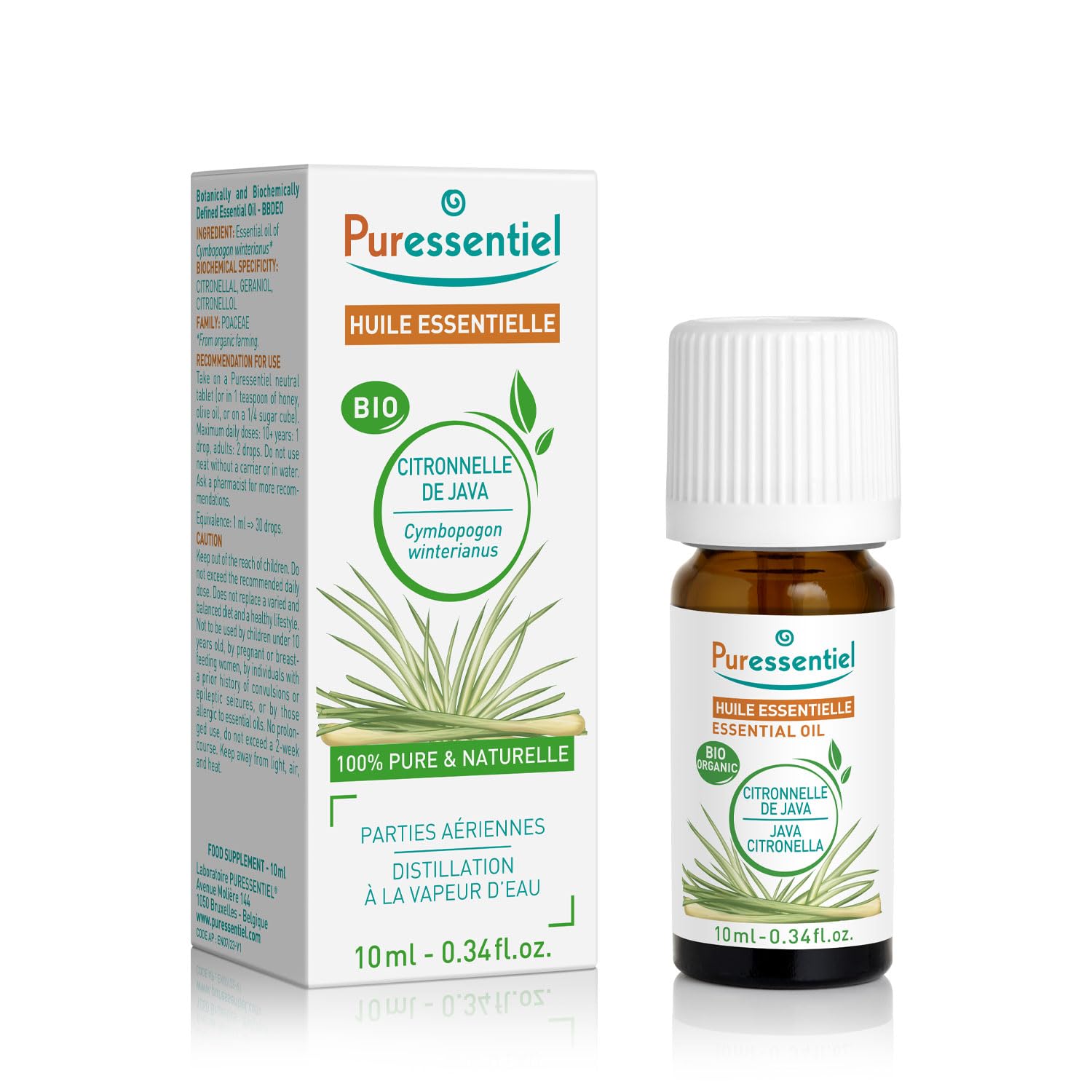 Puressentiel Organic Java Citronella Essential Oil - for Use in Essential Oil Diffusers - Fresh Lemony, Peppery Fragrance - Soothes Sore Throat - Relieves Itching Due to Mosquito Bites - 0.34 Oz