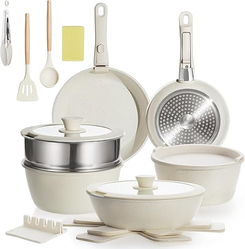 Miniatura 1 de Juego de utensilios de cocina de cerámica antiadherente de 21 piezas con mango desmontable, sartenes y ollas, juego de utensilios de cocina para