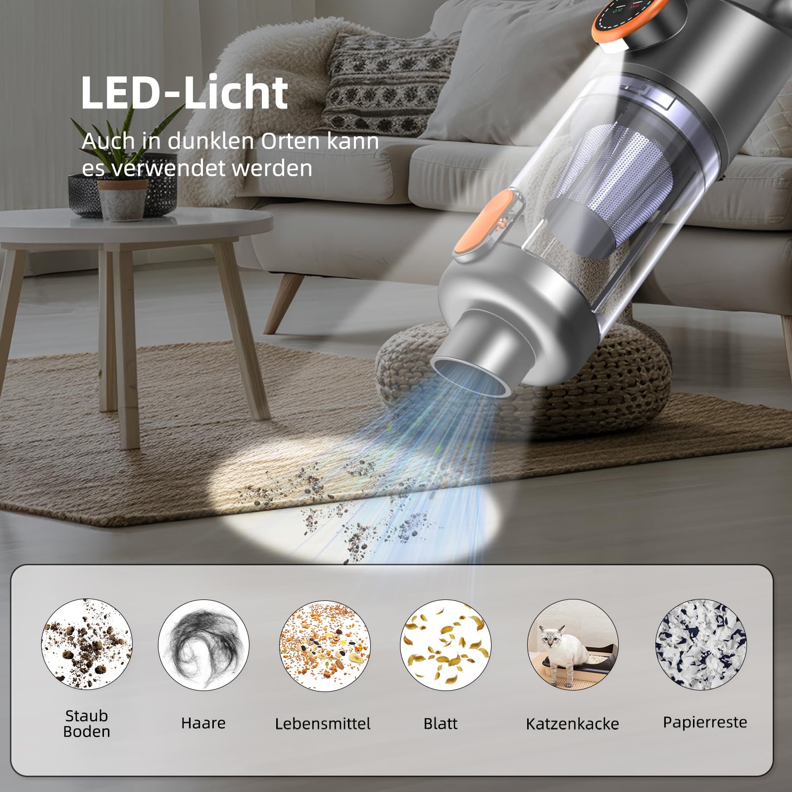 Handstaubsauger, 26000 Pa 4-in-1 Auto Staubsauger Stark, One-Touch Staubentleerung, Bürstenloser Motor, HD Display und LED Beleuchtung, Akku Staubsauger Kabellos für Zuhause/Büro/Auto, Orange