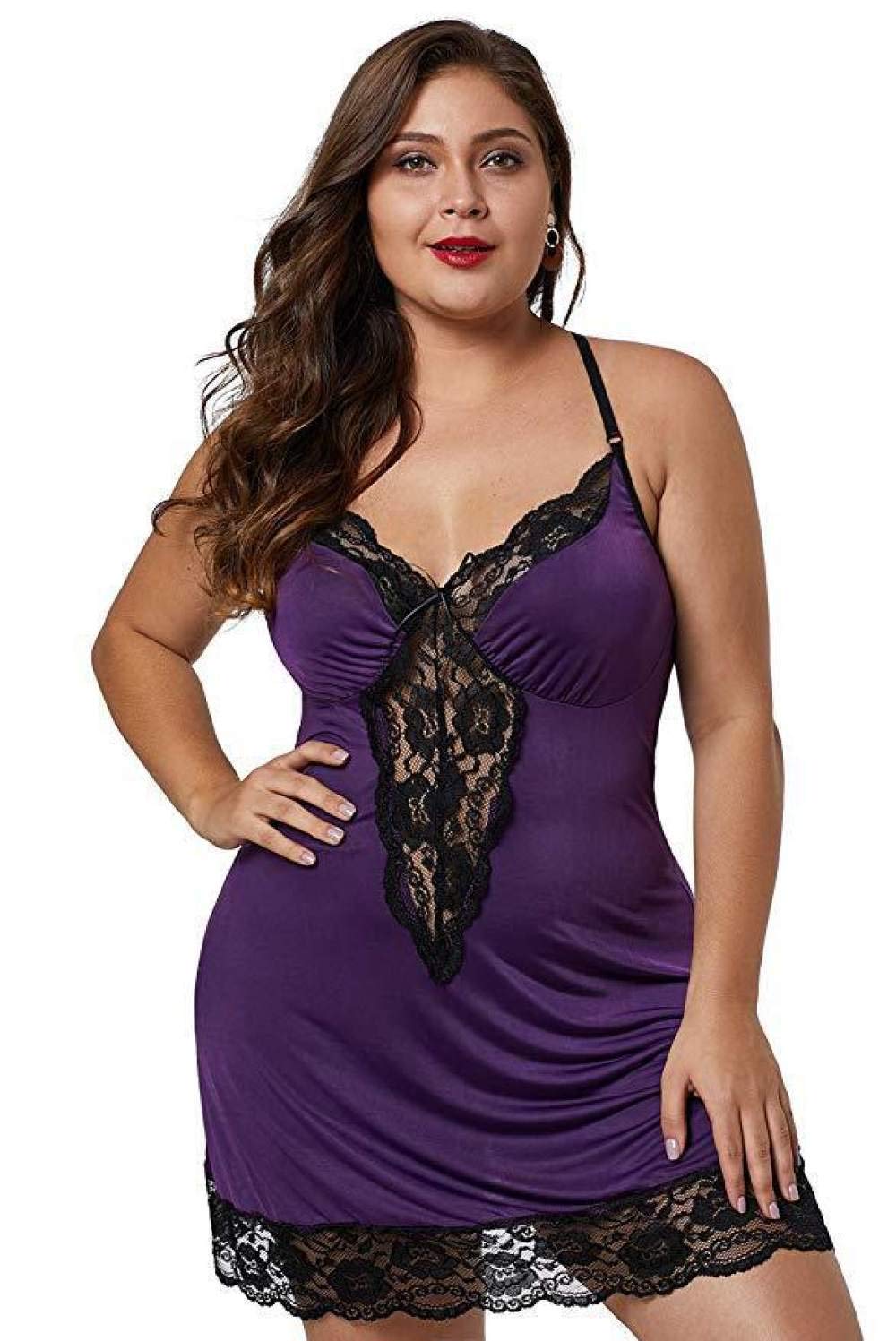 AKAZI Lingerie Sexy per San Valentino, Set di Lingerie Sexy da Donna Taglie Forti per Bambole, Scollo a V, Camicia da Notte, Abito da Notte in Pizzo, Indumenti da Notte con Perizoma (Viola 7XL)
