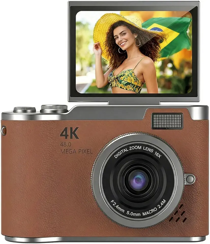 anjgg Câmera Digital 4K com Tela Articulada para Criadores de Conteúdo e Vlogs Portátil (Marrom)