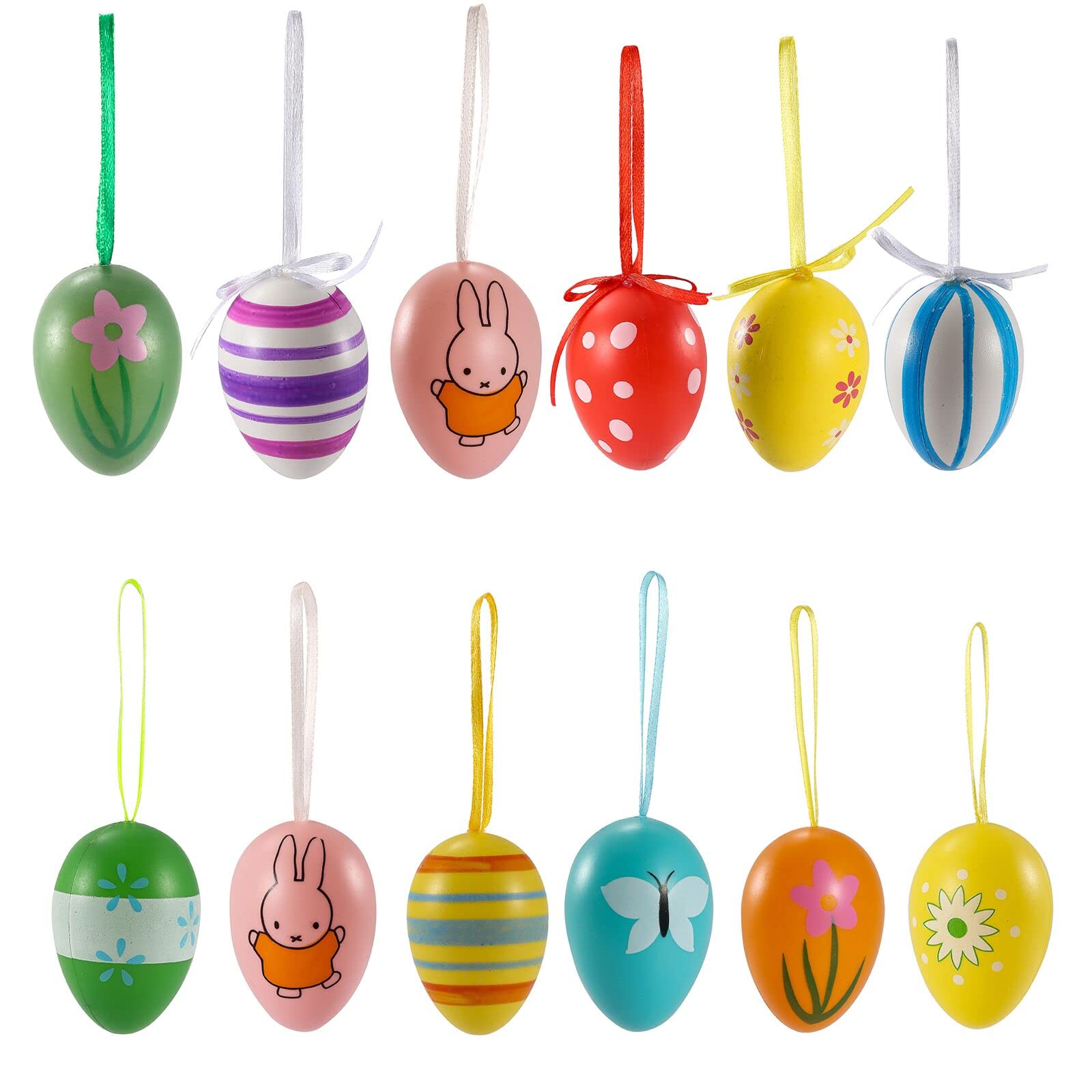 12 Pieces Easter Hanging Eggs,Colorful Plastic Easter Eggs,Easter Decorations Egg with Dots and Stripes Hanging Ornaments, Easter Tree Ornaments for Party Birthday Home Decoration Indoor Supplies