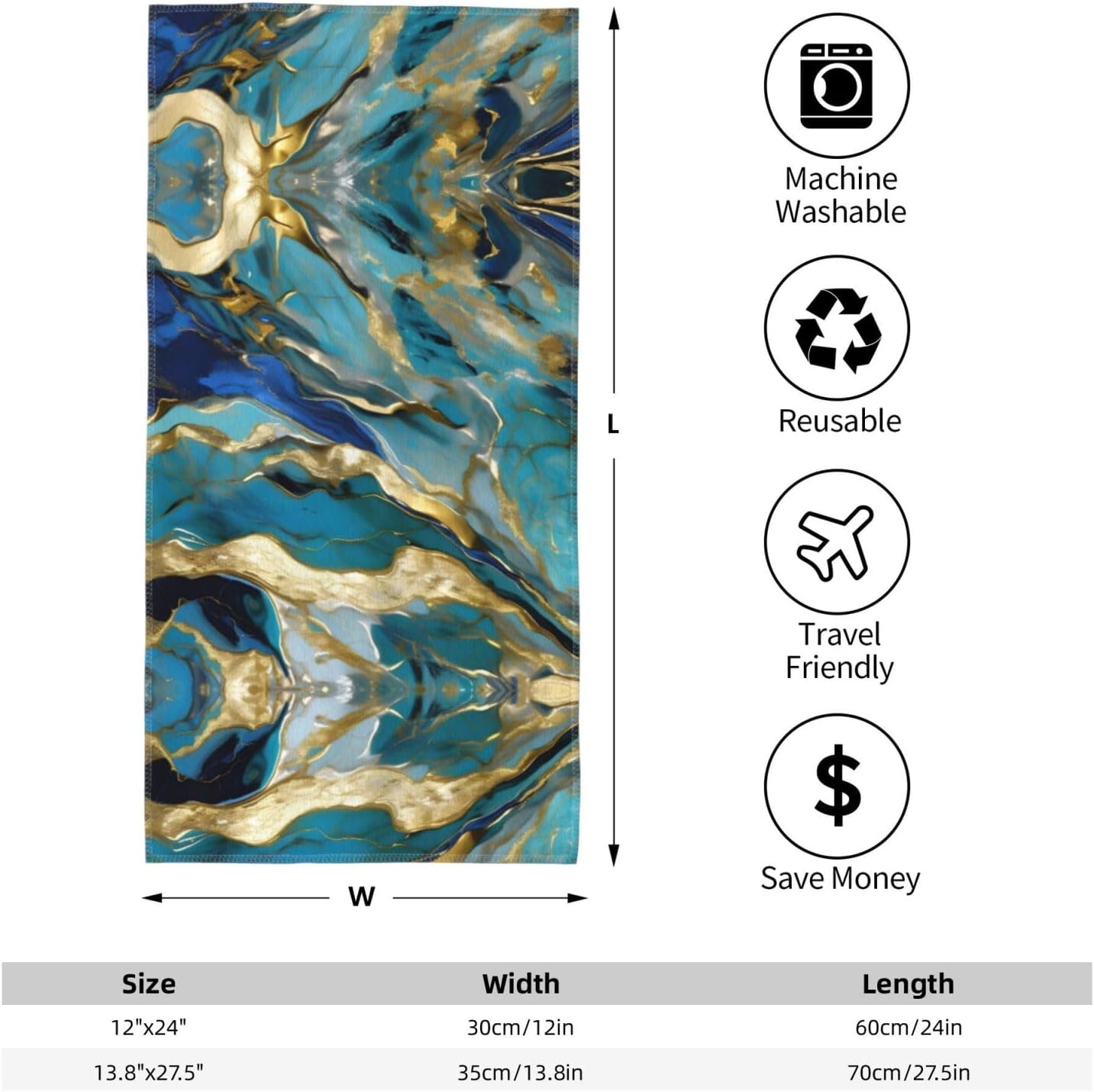 Azurite Teal and Foil Gold Oil Marble Pattern Print Hand Towels for Kitchen, Decorative Bathroom Towels Decor Farmhouse Cute for Men Women Gifts