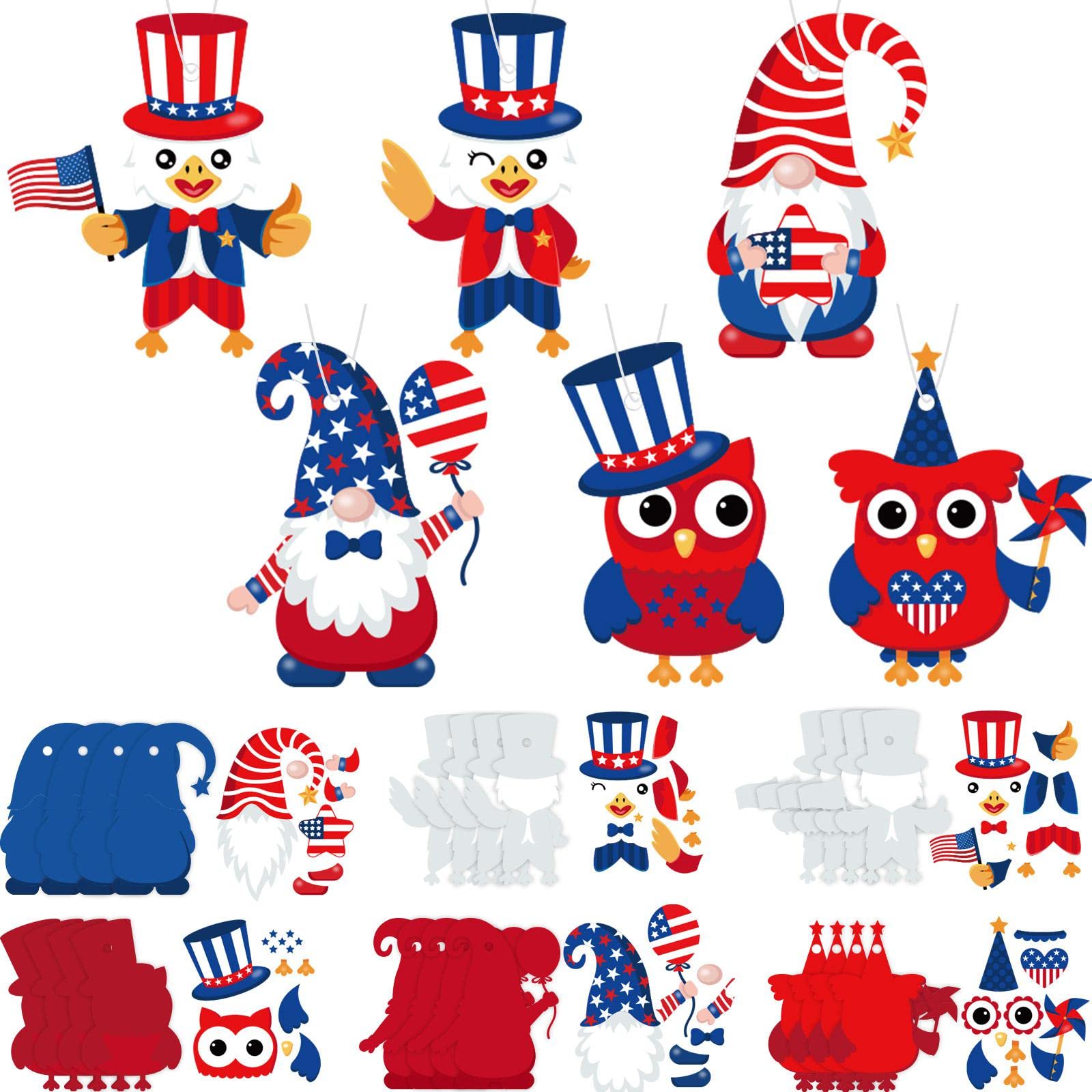 Sumind 24 Sets 4th of July Patriotic Owl Crafts for Kids Memorial Day Crafts DIY Kit Red White Blue Patriotic Owl Ornaments for Independence Day Holiday Party Home Classroom Activities