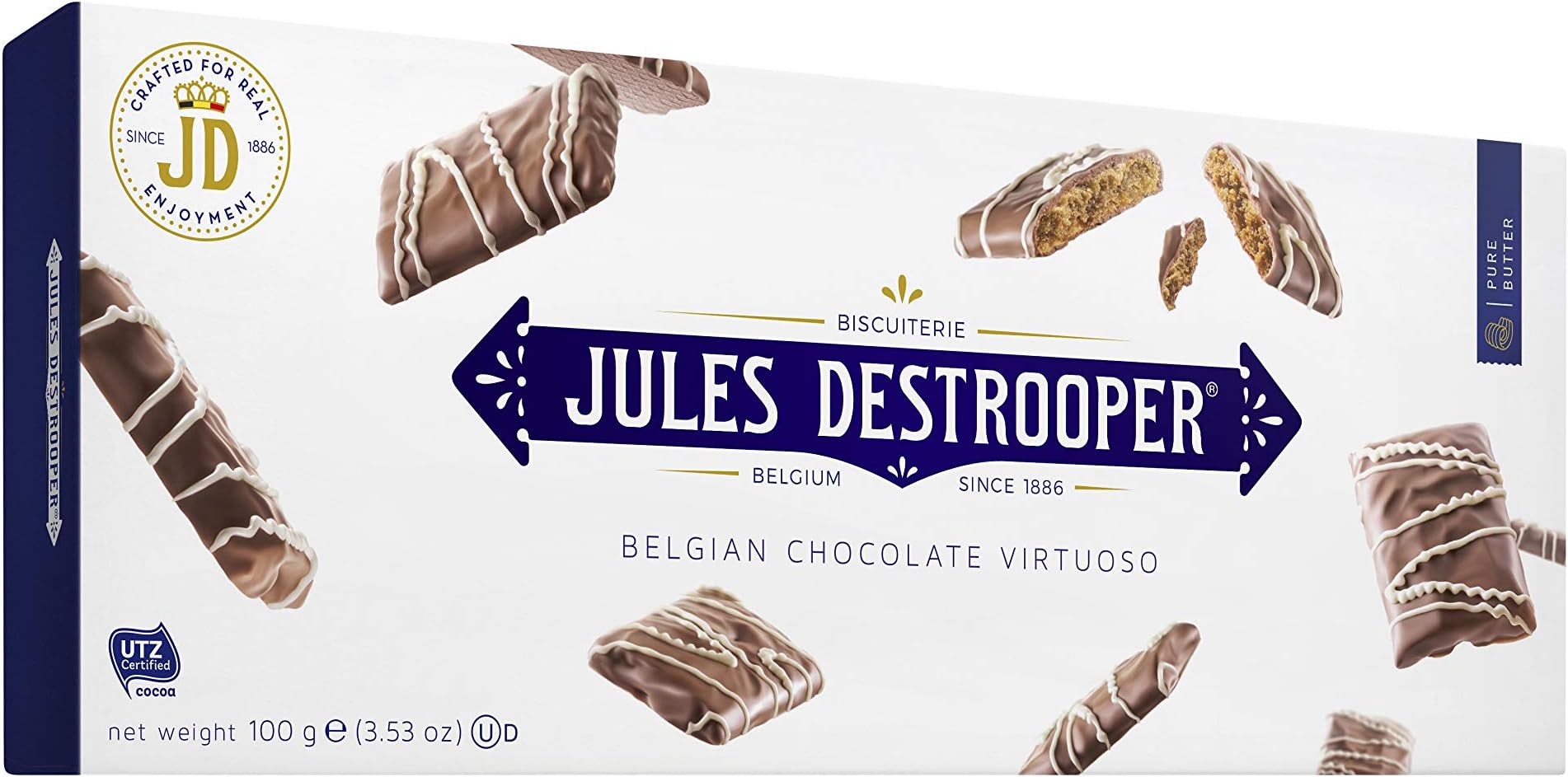 Jules Destrooper Belgian Chocolate Biscuits, Box of Authentic Belgian Butter, Cinnamon and Chocolate Biscuits, Luxury Biscuits Gift Set, 100 g