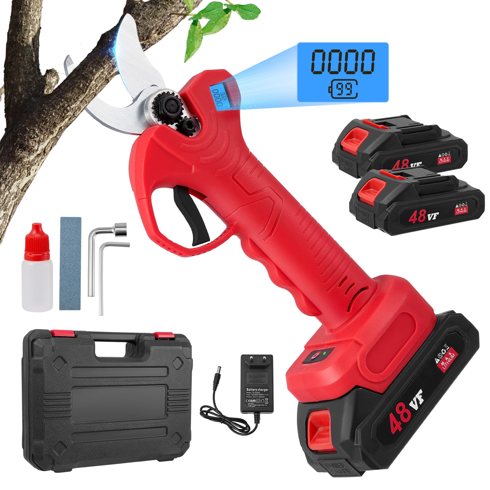 tijeras de podar eléctricas 30mm 600W Tijeras de Podar Bateria con 2 Baterías 2000mAh Trabajo Hasta 5 Horas Pantalla LCD Profesional Tijera de Podar para jardín,granja,ramas,arbustos,troncos