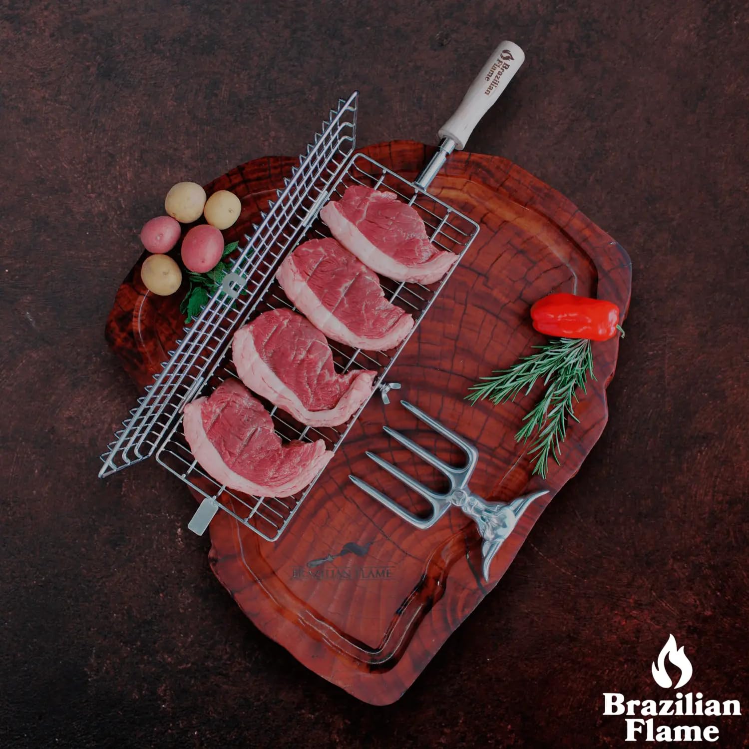Brazilian Flame Koszyk na rożen ryb, siatka druciana ze stali nierdzewnej do grillowania ryb i owoców morza, bezpieczne, równomierne gotowanie, kompatybilny z szaszłykami Brazilian Flame