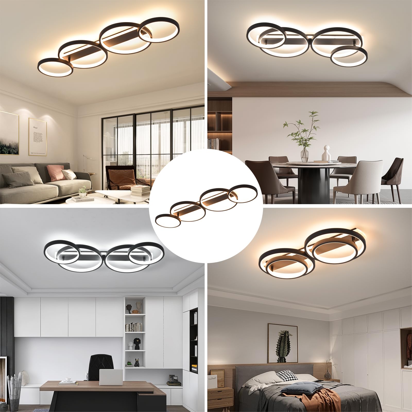 LED Plafonnier,Moderne Lampe de plafond 48W 3000K-6500K,4 anneaux ronde design Chambre Eclairage,Luminaire interieur deco avec Telecommande APP Dimmable,Lampe Lustre pour salon bureau cuisine couloir
