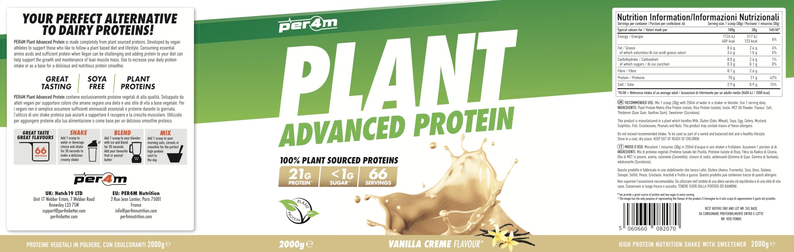 Per4m Plant Protein, Proteine 100% Vegetali da Pisello e Riso, Profilo Aminoacidico per i Muscoli, Formula Vegan Digeribile e Sostenibile, Per Vegani e Sportivi di Qualità – Vanilla Cream – 2kg