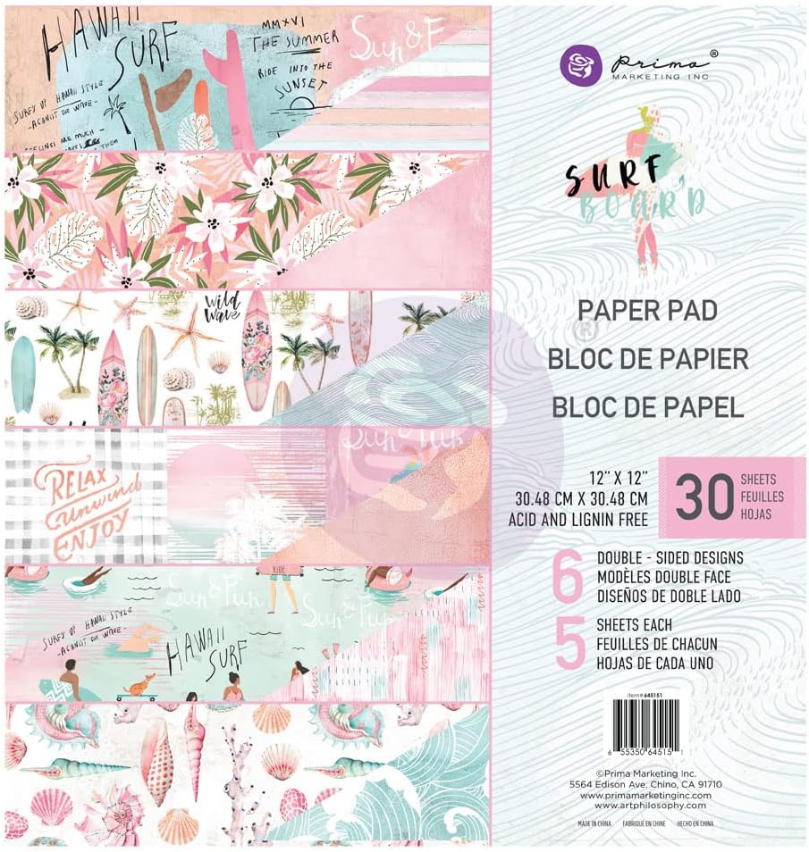 Prima Marketing Surfboard Collection 12"x12" Paper Pad 12"x12.5",30 Sheets Journal Scrapbook Supplies Material Craft Notebooks Decoupage