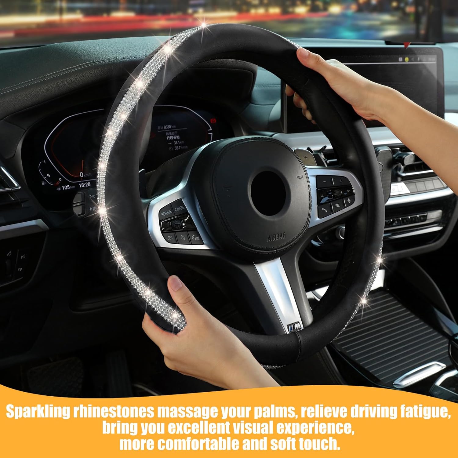 Bling Steering Wheel Cover，14.5-15 Inch Car Steering Wheel Cover with Diamond Crystal Rhinestone，Delicate and Anti-Slip Sparkly Car Wheel Protector for Women Girl，Black - Image 2