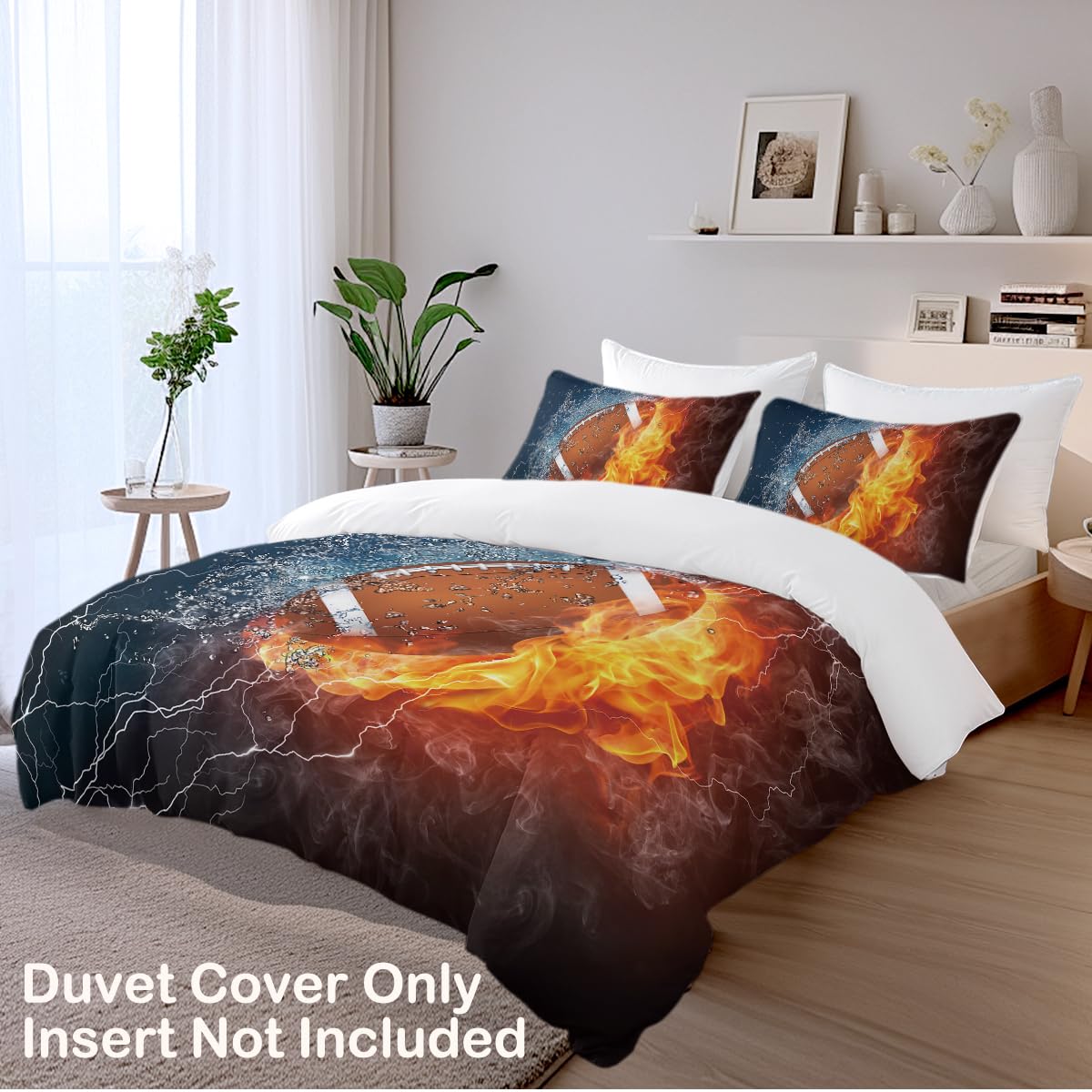 ARIGHTEX American Football Bedding Fire and Ice Brown Ball Flames Pattern Duvet Cover Sports Themed Bedding Dark Blue Orange Boys Duvet Cover Full