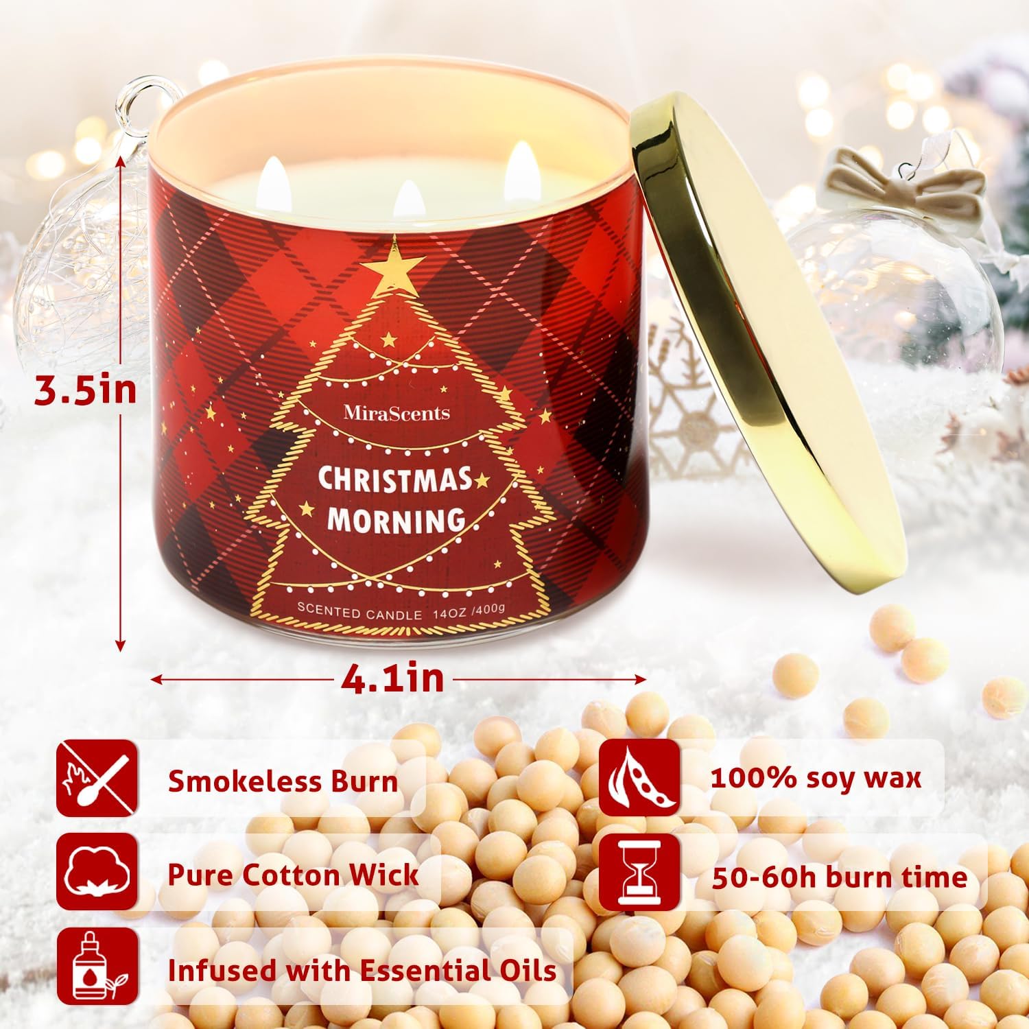 Christmas Scented Candle, MiraScents Christmas Morning Scented Candle, 3 Wicks Large Candle Natural Soy Wax Candles, Red Xmas Tree Candles Gifts, 14oz - Image 3