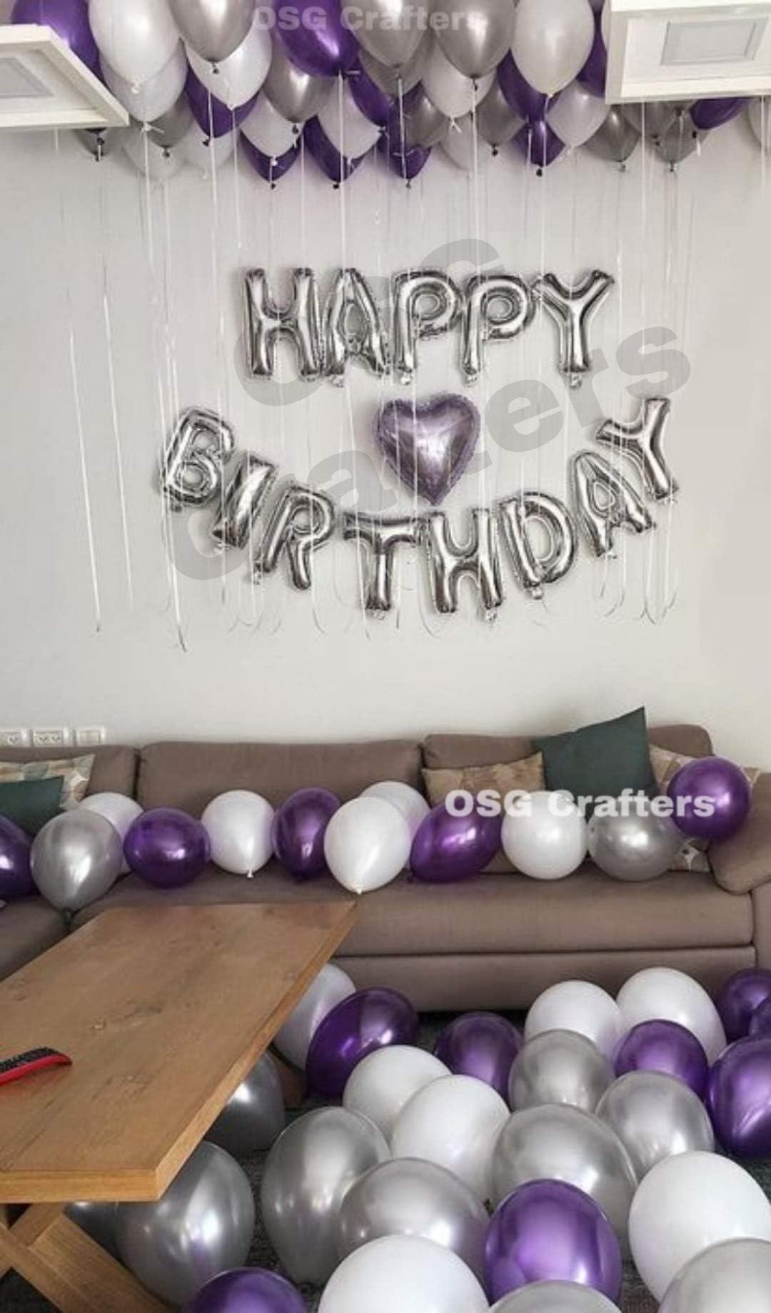 OSG Crafters Happy Birthday Letter Foil Balloon Set of Silver + Pack of 30 HD Metallic Balloons (Purple, White and Silver)