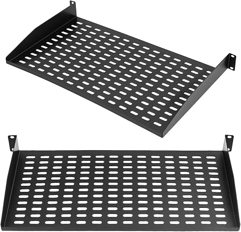 2-Piece 1U Server Rack Shelf, Vented Design for Optimal Airflow, Cantilever & Wall Mountable, Universal Tray for Computer Case & Devices, Heavy-Duty Cabinet Shelf, Black