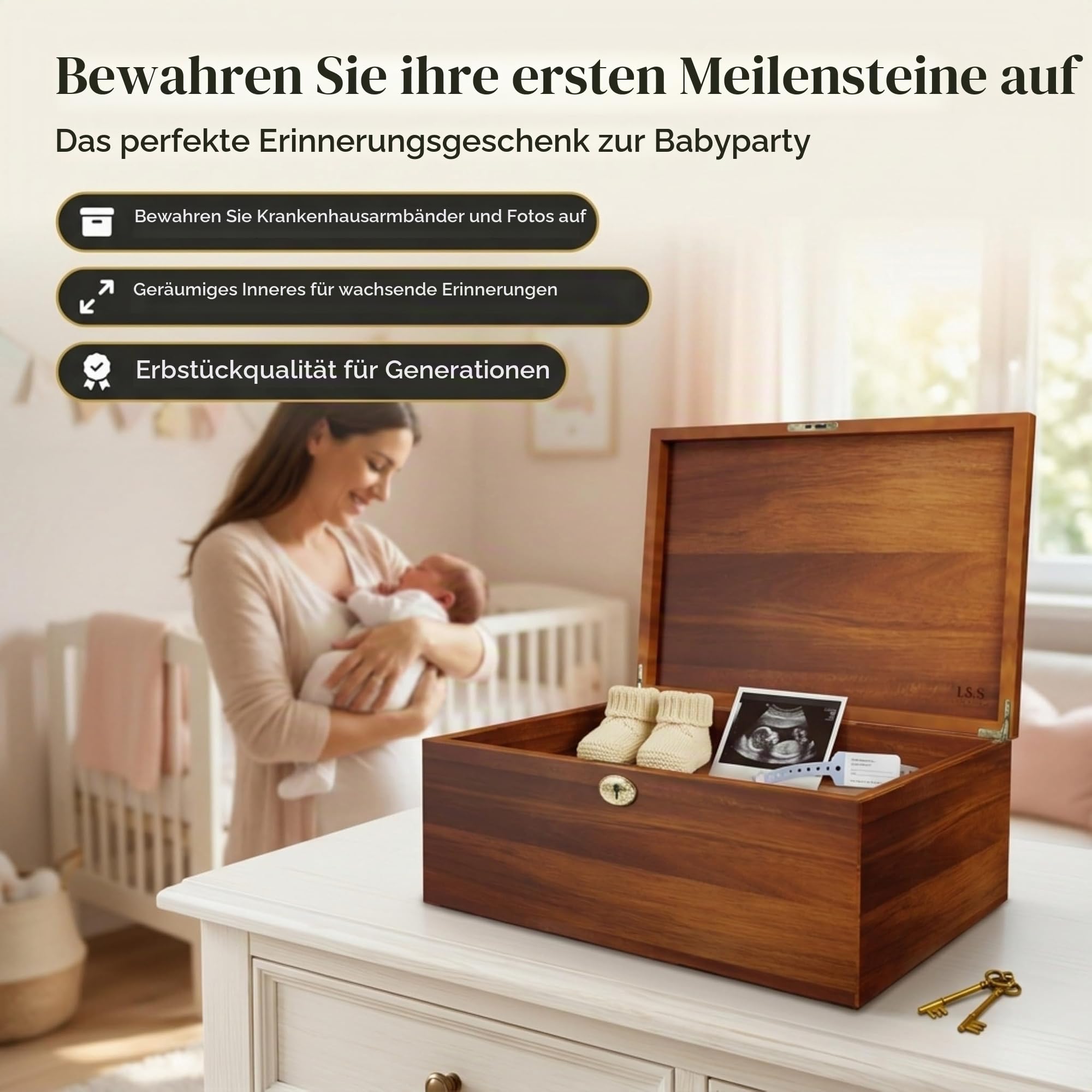 Holzkiste mit Scharnierdeckel, Aufbewahrungsbox aus Holz, Erinnerungsbox, Holzbox, große Holzbox, dekorative Box, dekorative Aufbewahrungsbox, dekorative Aufbewahrungsboxen mit Deckel, Größe 27,9 x