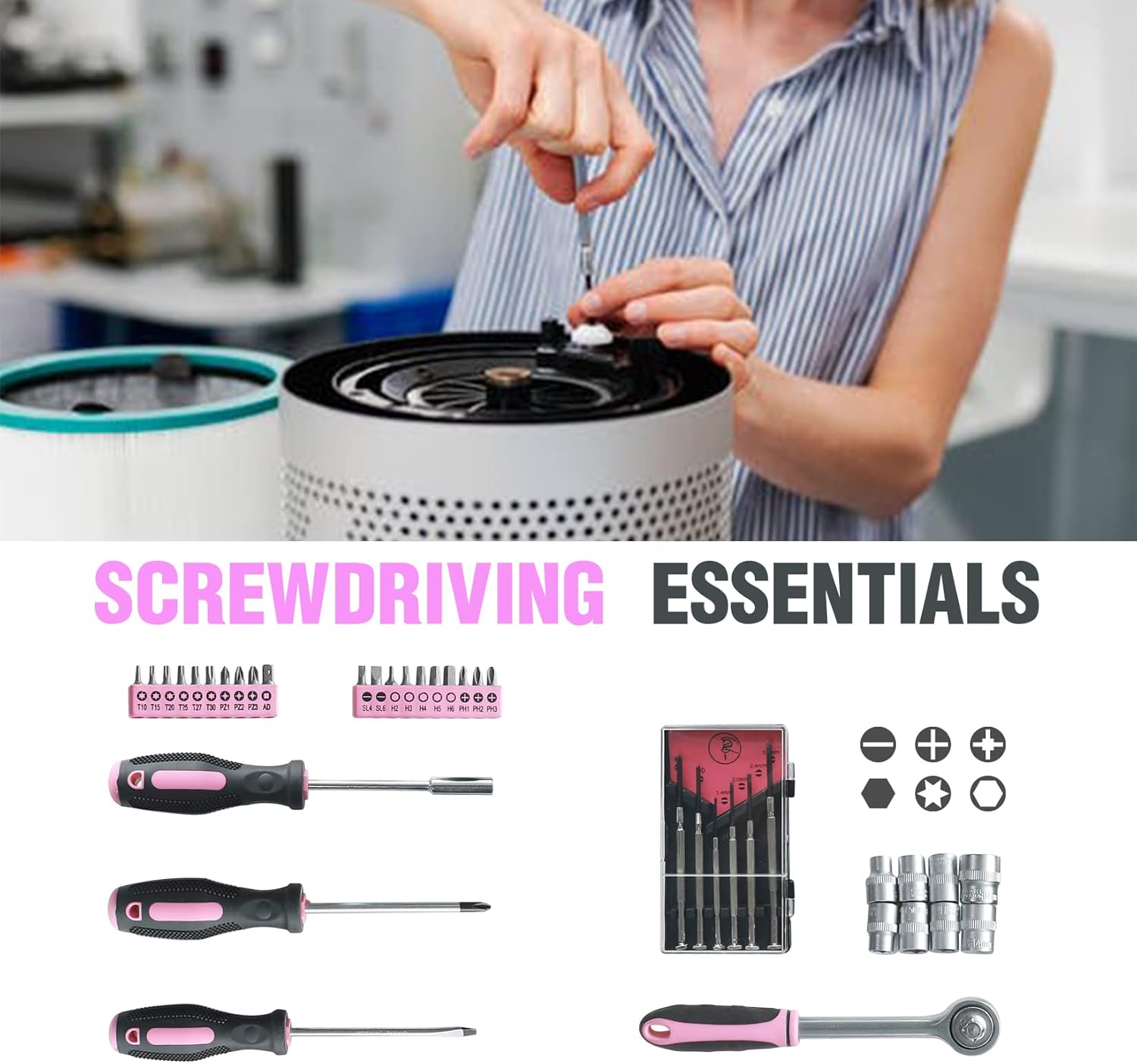 FASITE 53-Piece Pink Tool Set for Home- Ladies General DIY Repair Hand Tool Set with Hammer, Pliers, Screwdriver, Hex Key Sets, Perfect for Gifts, DIY Projects with a Storage Box