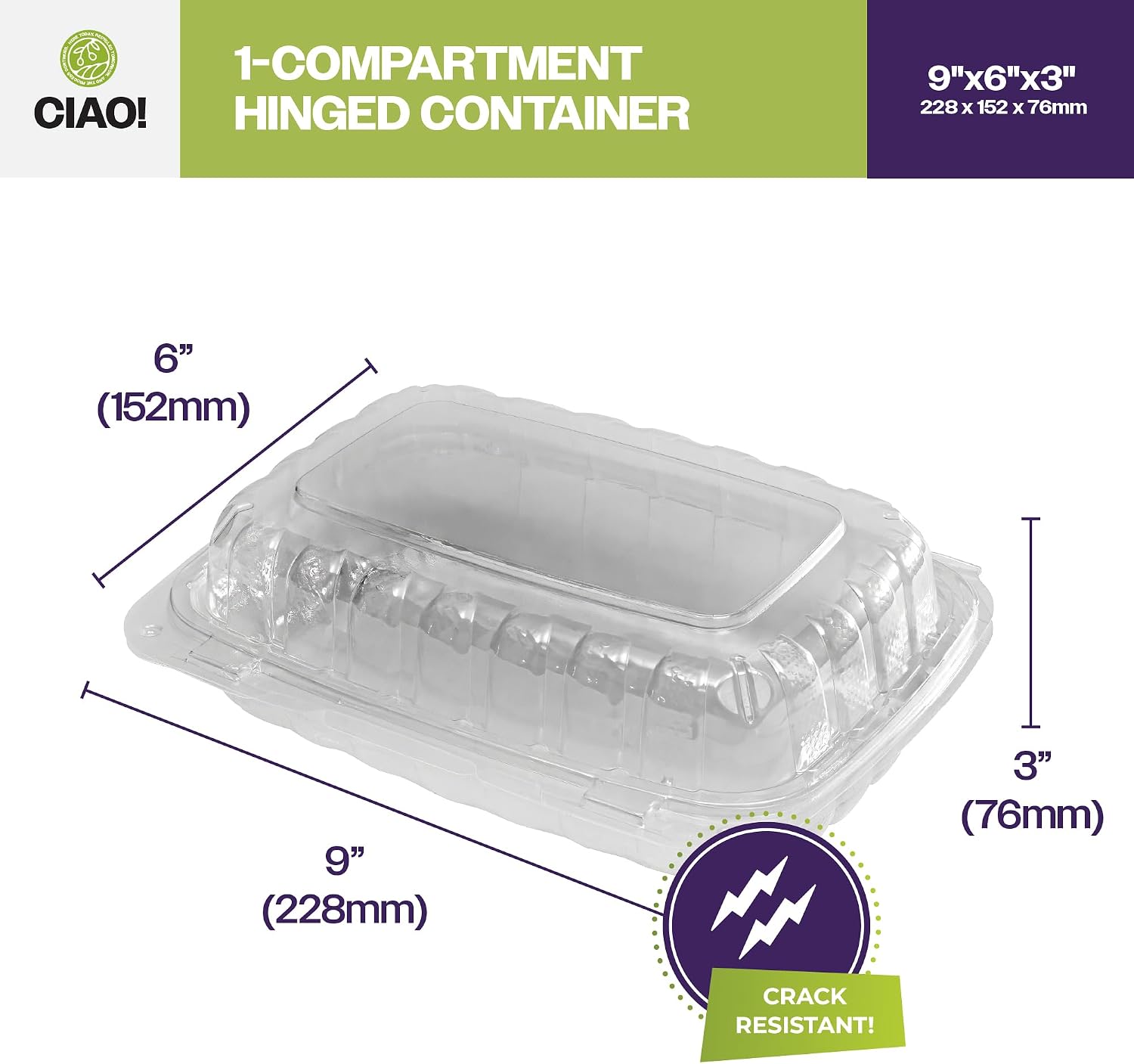 CIAO! 9"x6"x3" 1 Compartment PP Plastic Clear Hinged Container for Take Out (Case of 200)