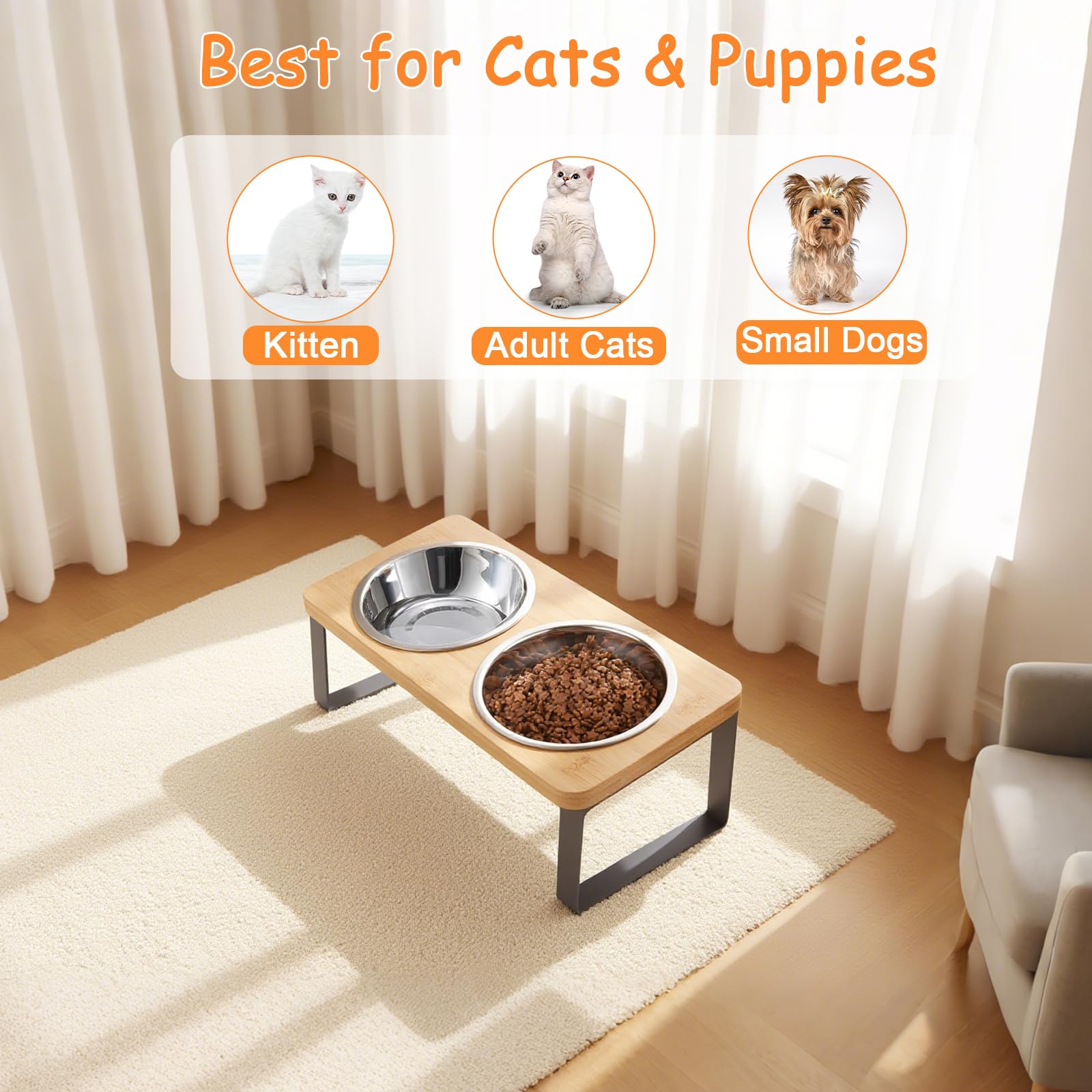 Cuencos elevados para gatos, soporte elevado para gatos con cuencos de acero inoxidable de 16 onzas, comedero antideslizante para gatos y cachorros, cuencos elevados inclinados de 15° para mascotas,