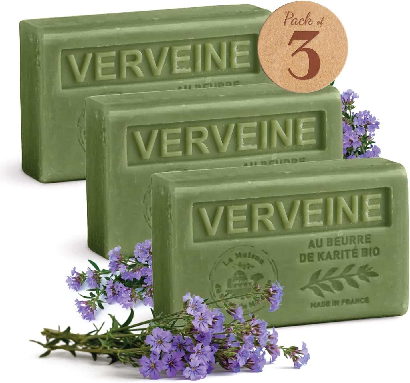 Verbena Scented Soap Bar - Enriched with Organic Shea Butter - Hydrating Hand & Body Soap - 100% Natural Ingredients - Made in Provence - 3x125g