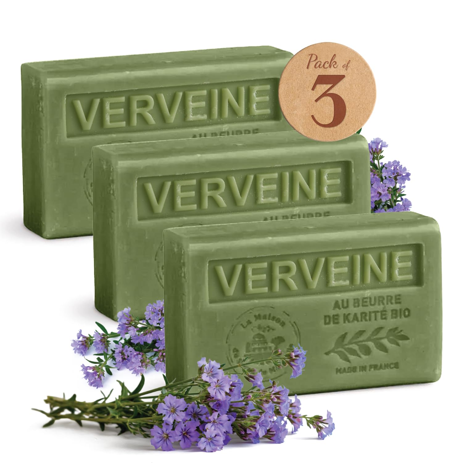 Verbena Scented Soap Bar - Hydrating Hand & Body Soap - 100% Natural Ingredients - Made in Provence - 3x125g
