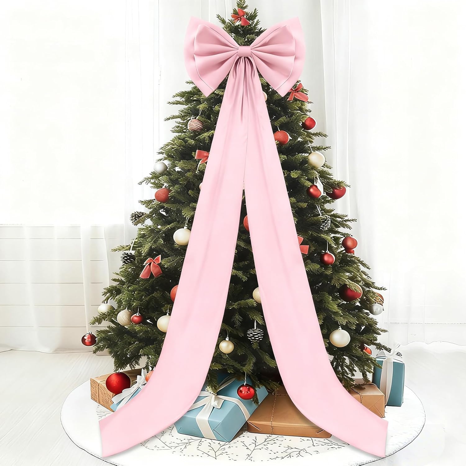 Giant Bow Decor Christmas Tree Topper Decoration- 18 x 75 Inch Big Satin Bows,Giant Pink Ribbon Tie Coquette Bows for Birthday Party Backdrop Hanging Wall Decoration