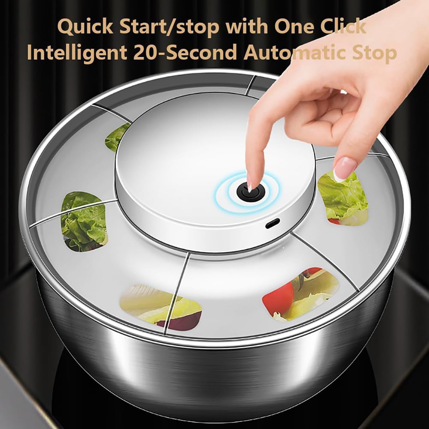4.5L Stainless Steel Salad Spinner, Small Electric Lettuce Washer Dryer with Double-Layer Separation Design, Smart Start and Automatic Stop, for Kitchen Washing Drying Vegetable Fruit