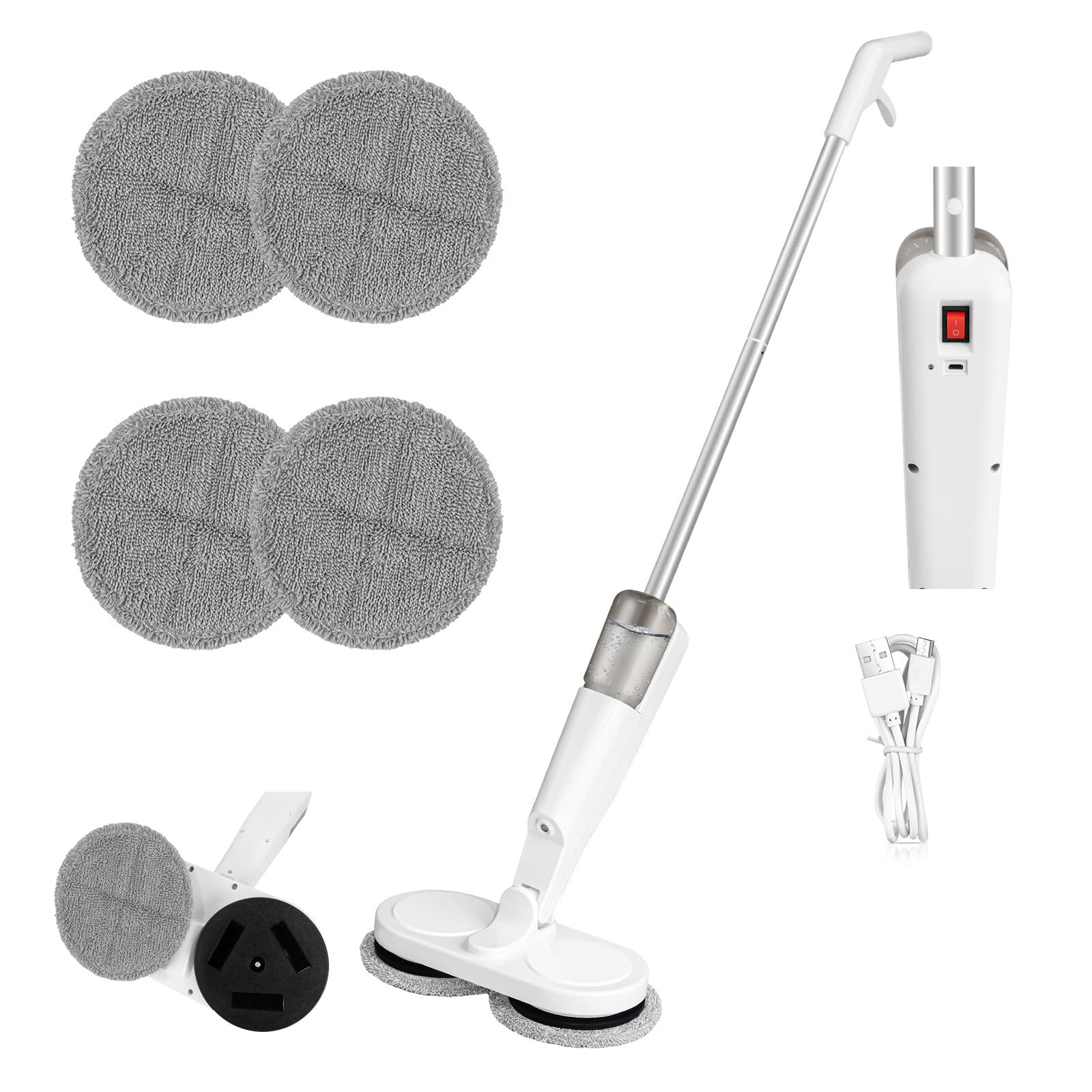 Mopa eléctrica inalámbrica de 7.4 V 2000 mAh, batería de litio de 200 ml, tanque de agua de 1 hora de funcionamiento, trapeador seco y húmedo, color blanco, 113 x 28 x 13 cm