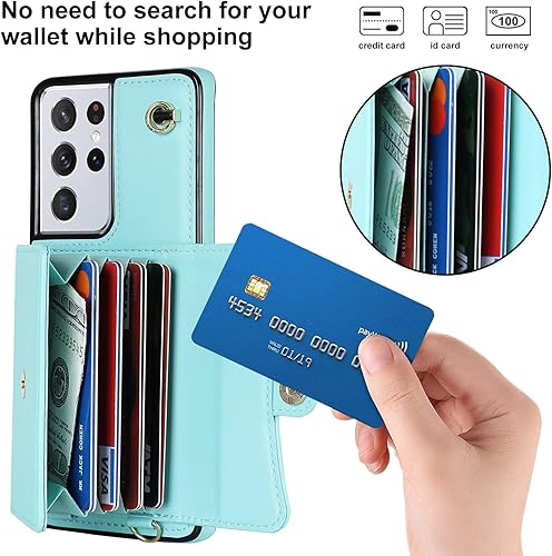 Miniatura 3 de Asuwish Funda de teléfono para Samsung Galaxy S21 Ultra 5G, funda de cartera con bloqueo RFID, tarjetero de crédito, correa cruzada para muñeca,
