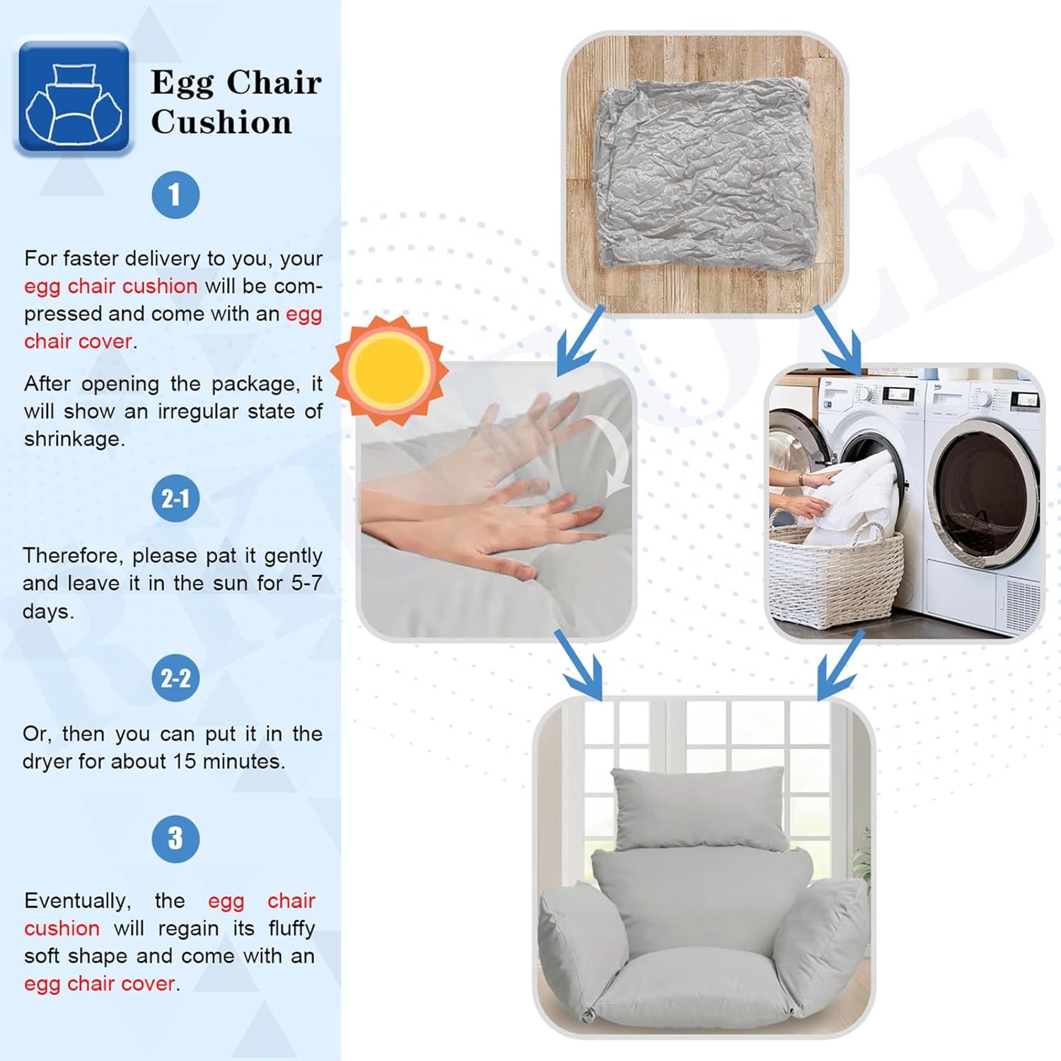 Egg Chair Cushion, Hanging Basket Chair Cushions with Pillow, Soft Outdoor Swing Cushions Replacement with Waterproof Patio Egg Chair Covers (Grey)