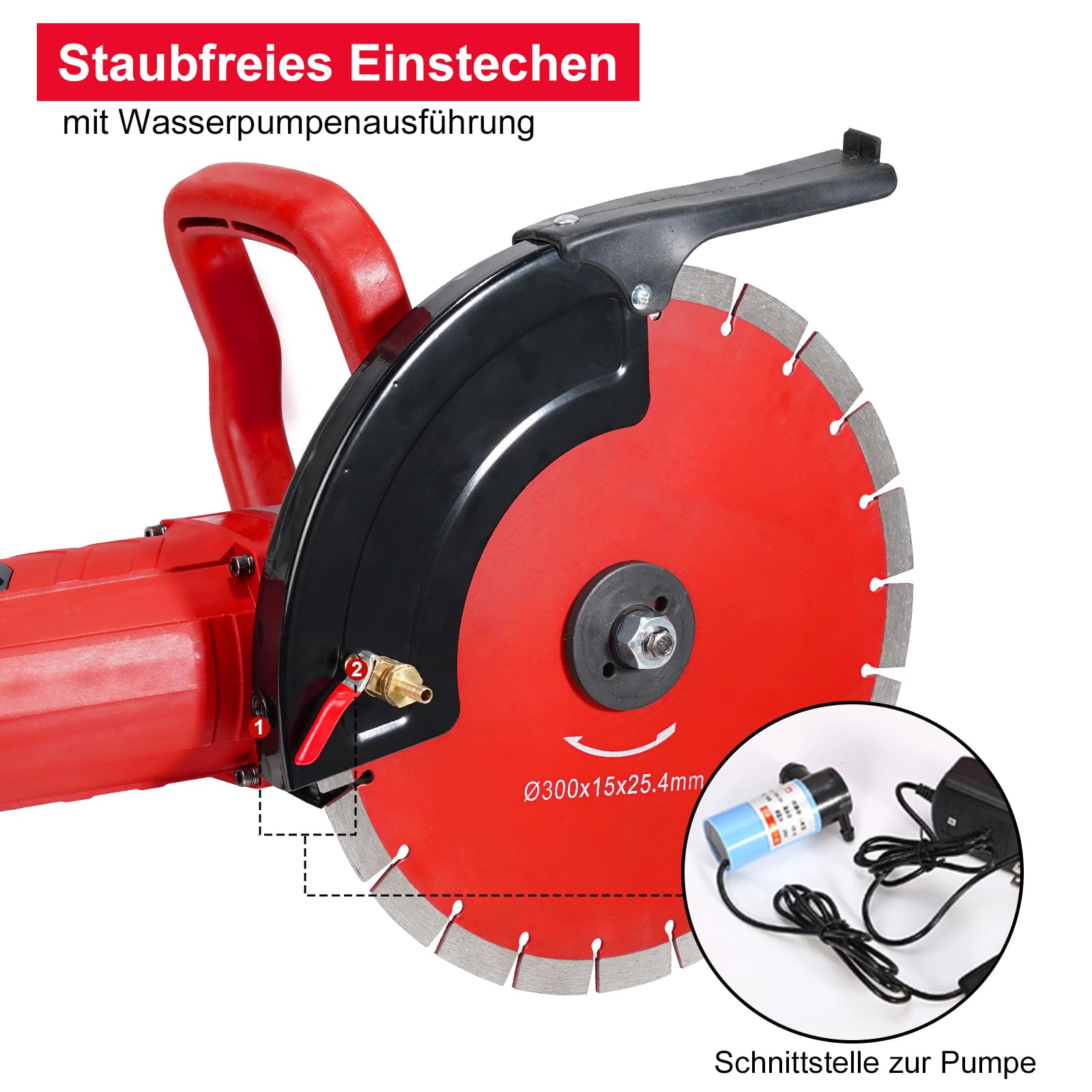 HYCHIKA 3200W Elektrische Betonsäge, 4300RPM Motor Kreissäge, 305mm Betonschneider, Nass-Scheibensäge, Steinsäge Nassschneider Pflastersteine, inkl. Wasserleitung und Pumpe, für Stein, Ziegel, Holz