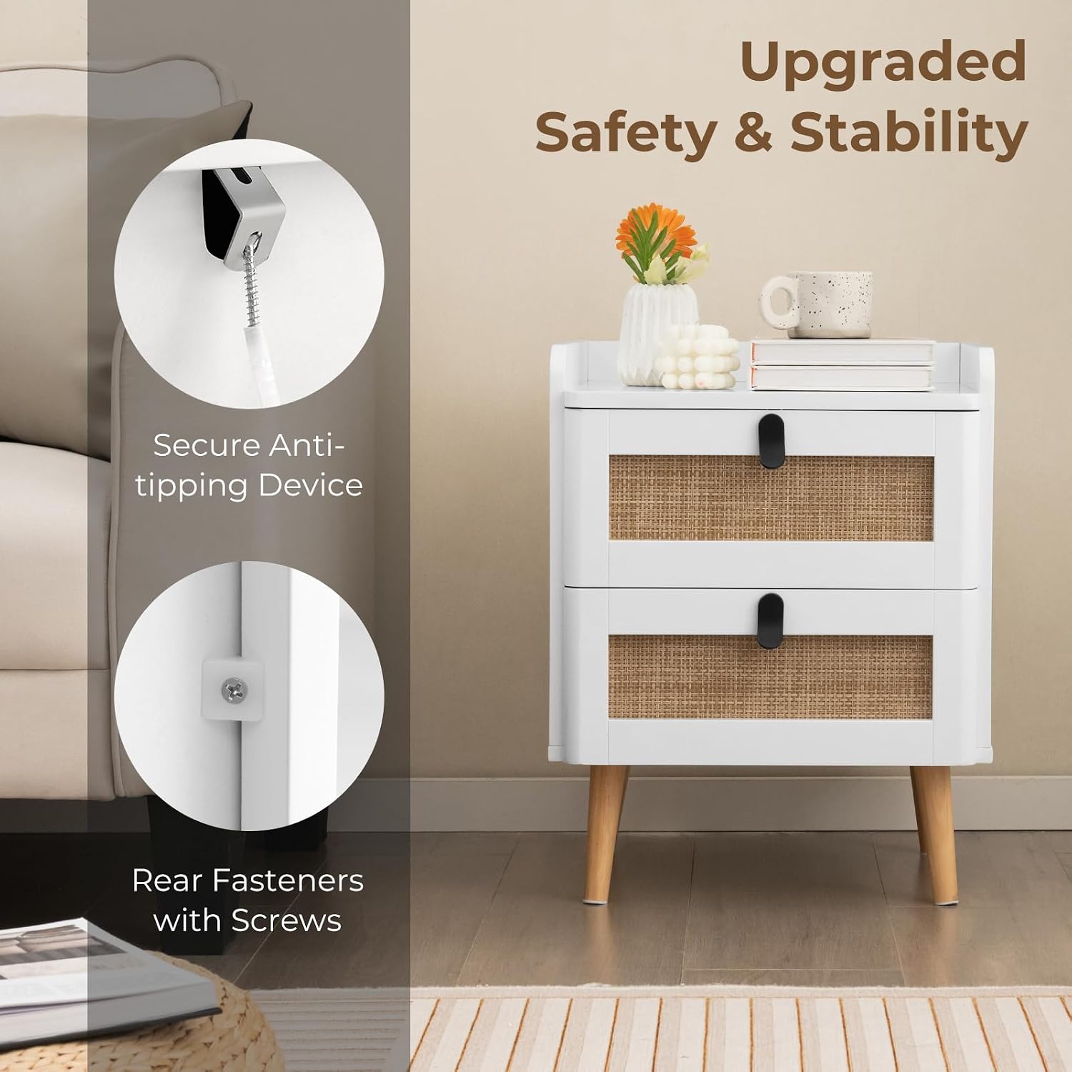LOKO 2-Drawer Rattan Nightstand, Boho Accent Side Table with Rattan Decorated Drawers, Wood Legs with Felt Pads, Top Protective Edge, Modern End Table for Bedroom, Small Space (2, White)