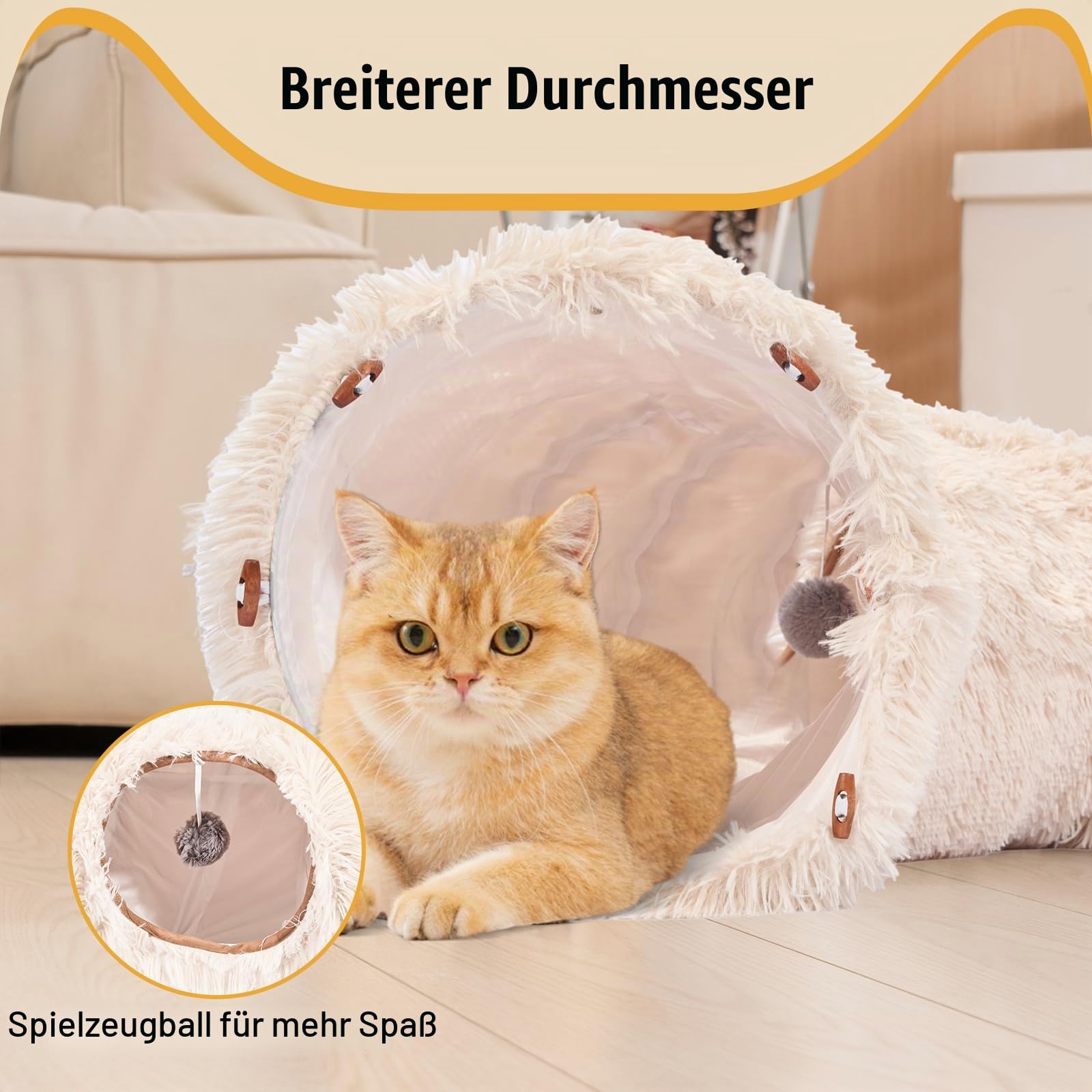 Avont Katzentunnel mit Zentralem Kissen, Weiche Katzenspielzeug Runde Multi-Function Versteck Katzenbett - Beige