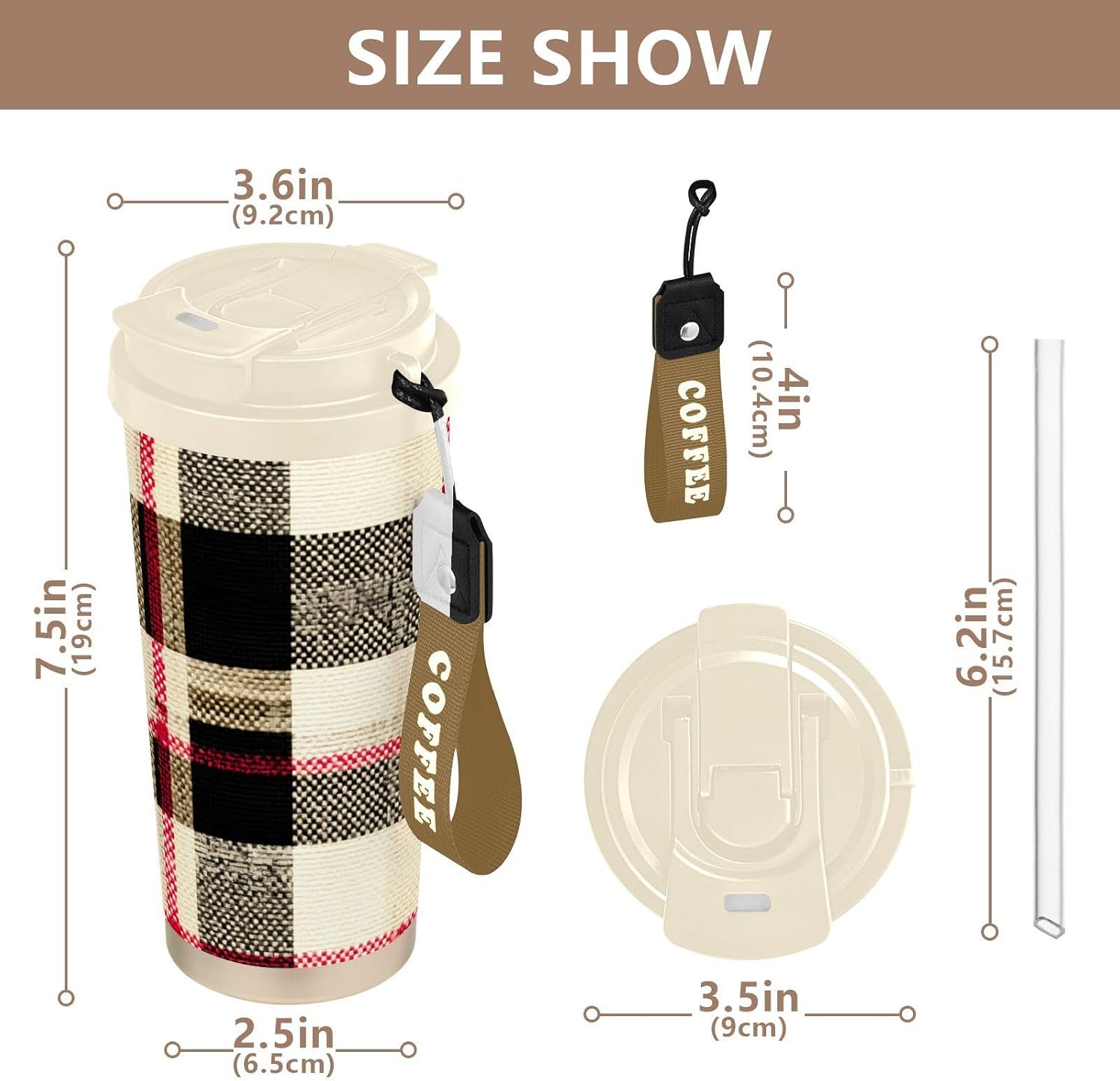 Bufflo Plaid Red White Insulated Coffee Mug with Straw & Flip Lid, 16.9oz Iced Tumbler Cup, Double Wall Vacuum Leak-Proof Mug for Travel Office