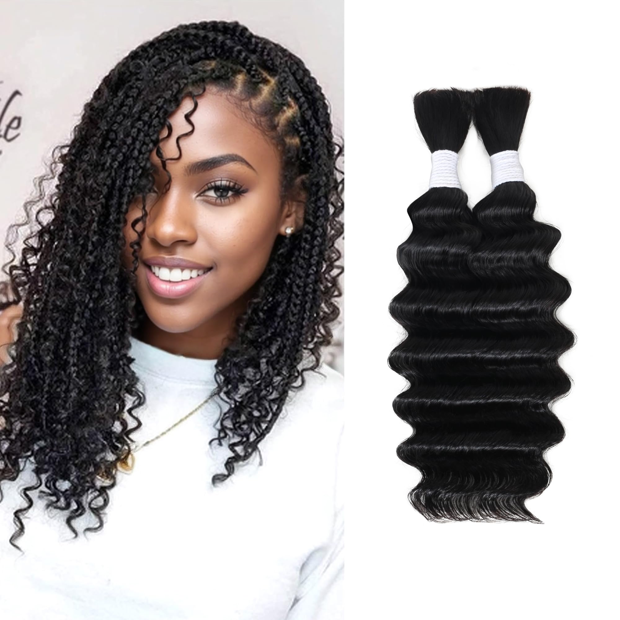 VRbeatter Deep Wave Bulk Human Hair for Braiding 10A Brazilian Curly Human Hair 100 percent Human Hair 2 Bundles No Weft micro Human Braiding Hair for Boho Braids Virgin Hair Extension(Natural Black