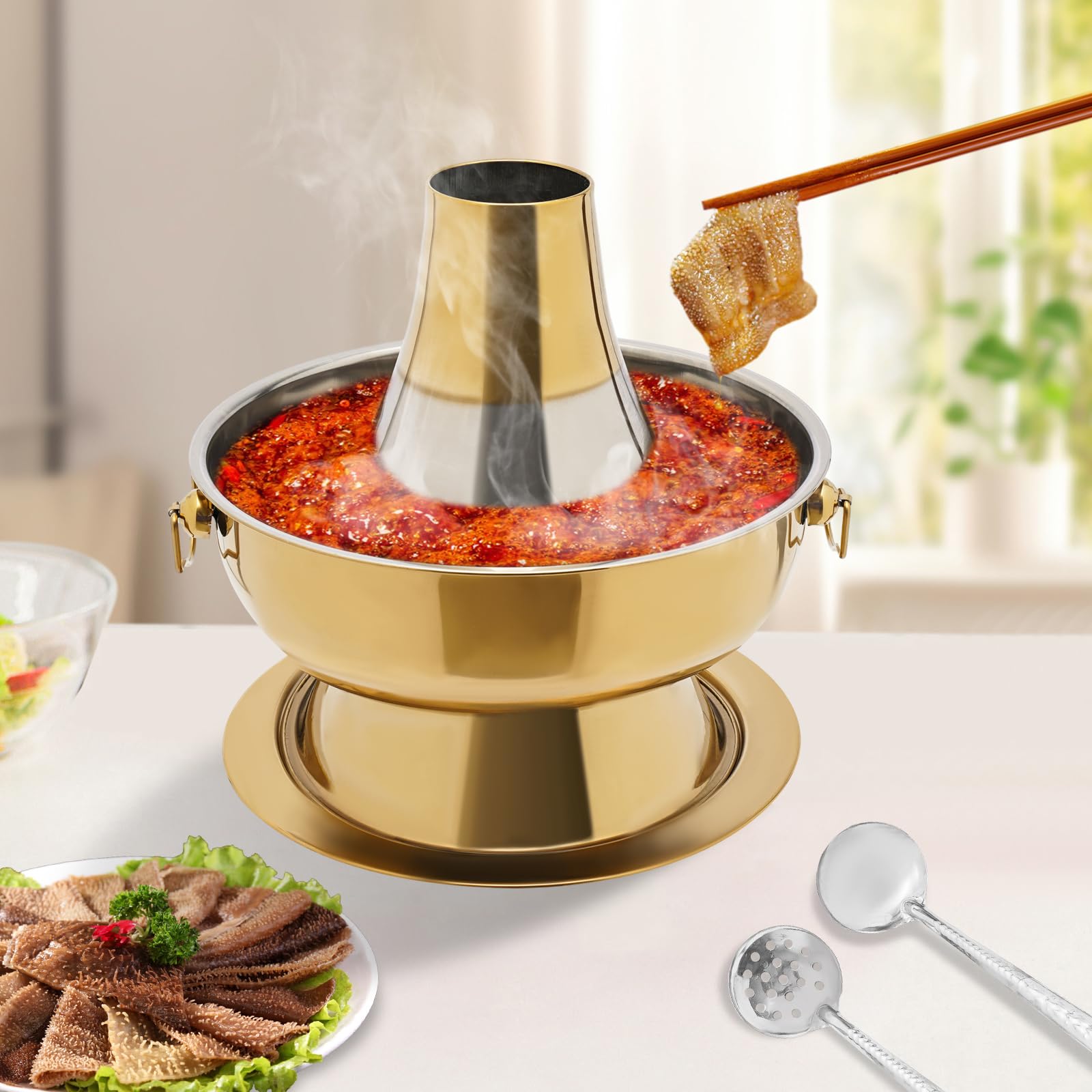 Hotpot en acier inoxydable 2,3 l - Hotpot chinois avec cheminée - Hotpot vintage en acier inoxydable - Pour fondue à la viande chinoise - Cuiseur d'agneau - Pour la maison, les restaurants (couleur