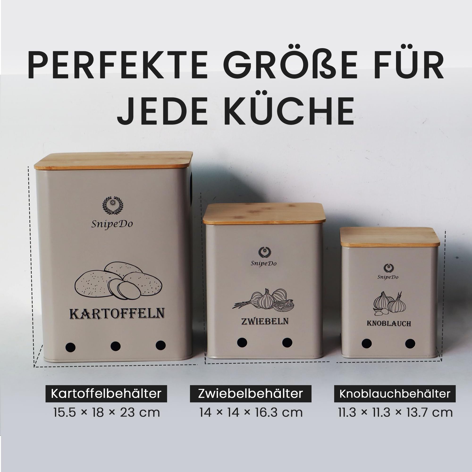 Kartoffelbox Set – 3er Aufbewahrung Für Kartoffeln, Zwiebeln & Knoblauch Mit Schäler & Schneider