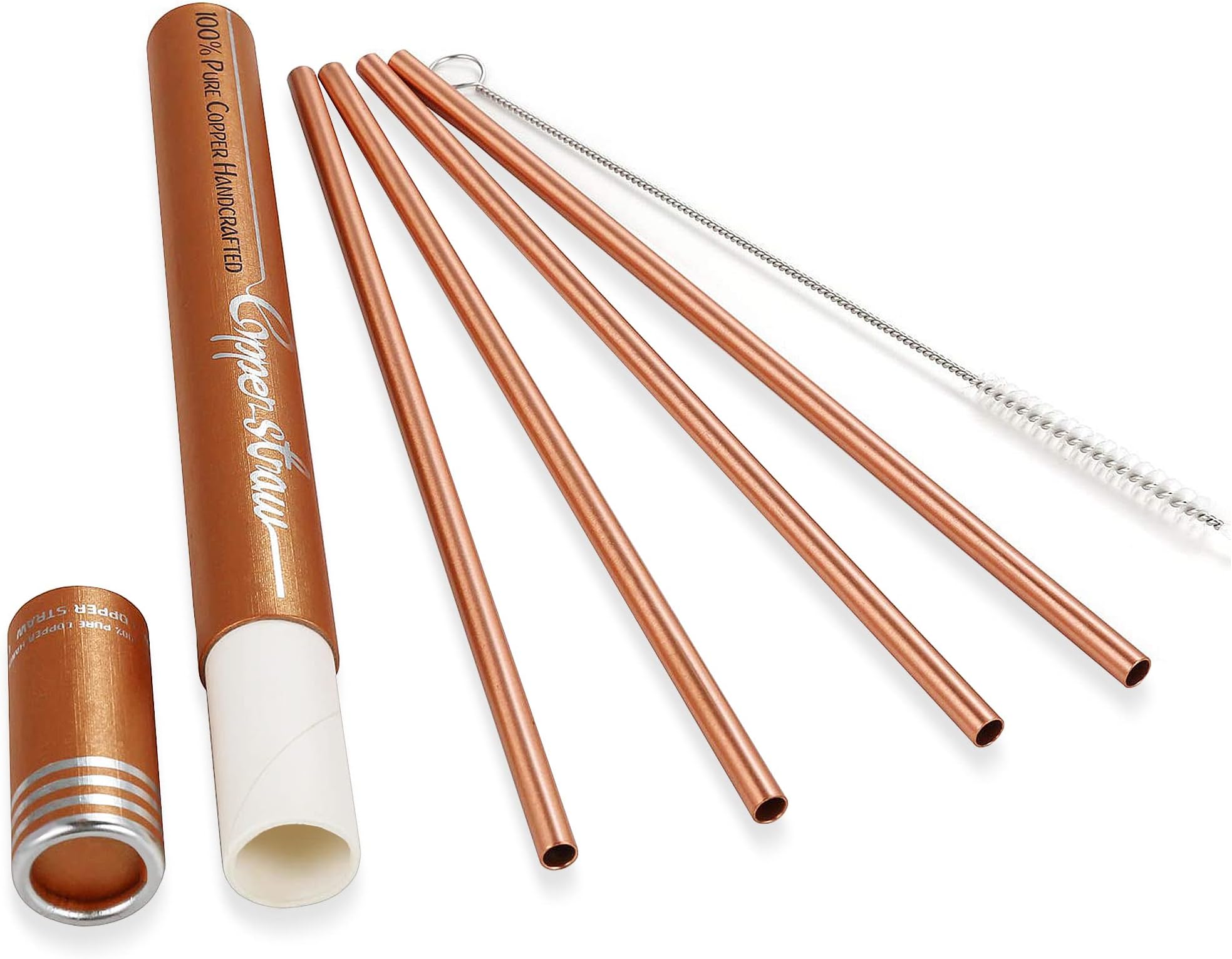 Copper Drinking Straws Gift Set- 8.5 inch Long Authentic Handcrafts Copper Straws with Cleaning Brush for Moscow Mule Mug (Set of 4)