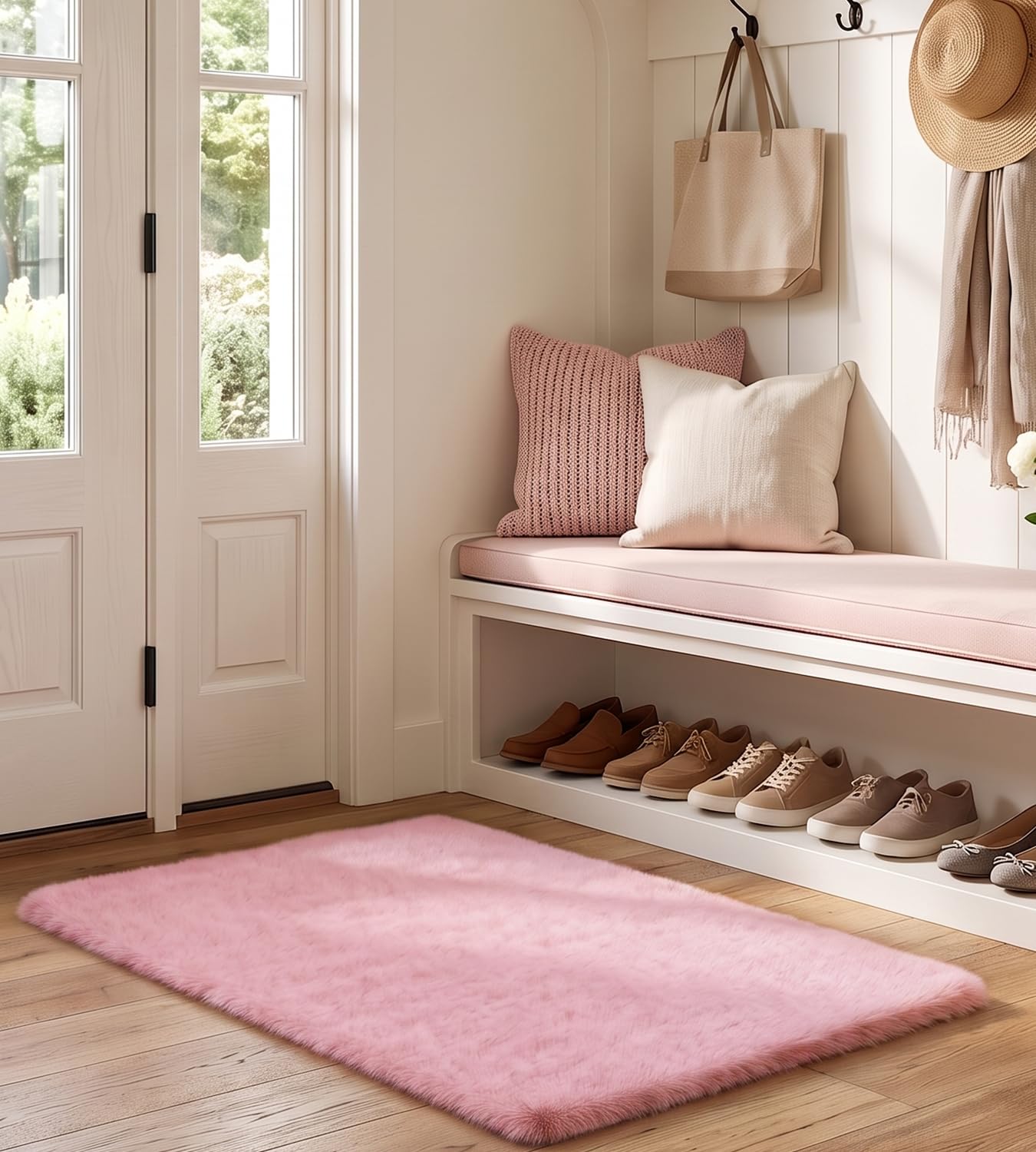 ROHATIM Teppich 60x90 cm Rosa Bettvorleger Waschbar rutschfest Kunstfell | maschinenwaschbar, Kaninchenfell-Optik, ultraweicher Flor, rutschfeste Rückseite, OEKO-TEX, für Schlafzimmer und Wohnzimmer