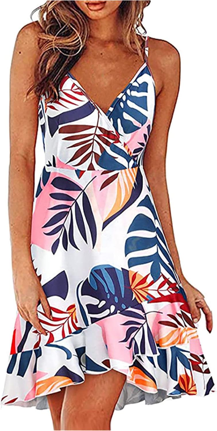 Womens Summer Floral Tie Dye Wrap V Neck Adjustable Spaghetti Straps Casual Ruffle Dress Irregular High Low Hem Sundress